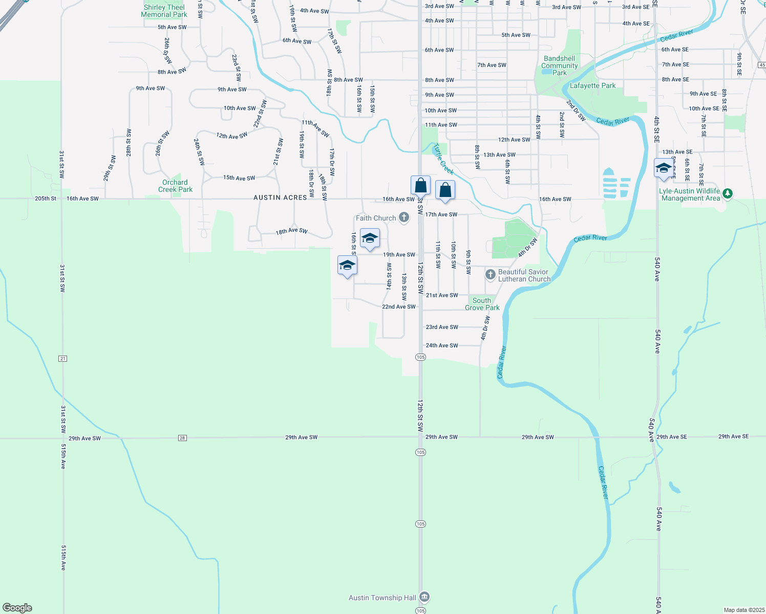 map of restaurants, bars, coffee shops, grocery stores, and more near 2301 14th Street Southwest in Austin