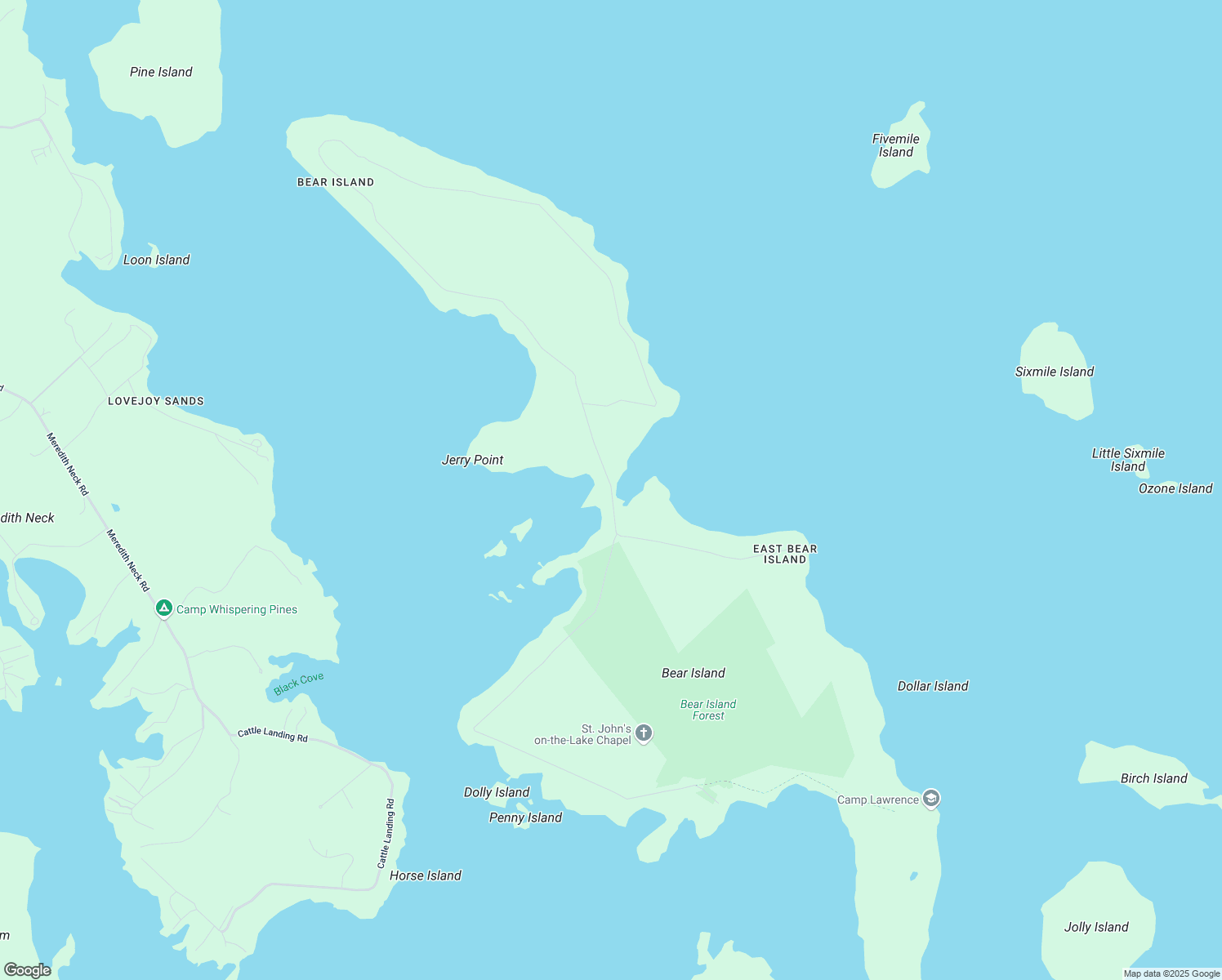 map of restaurants, bars, coffee shops, grocery stores, and more near 93 Bear Island in Meredith