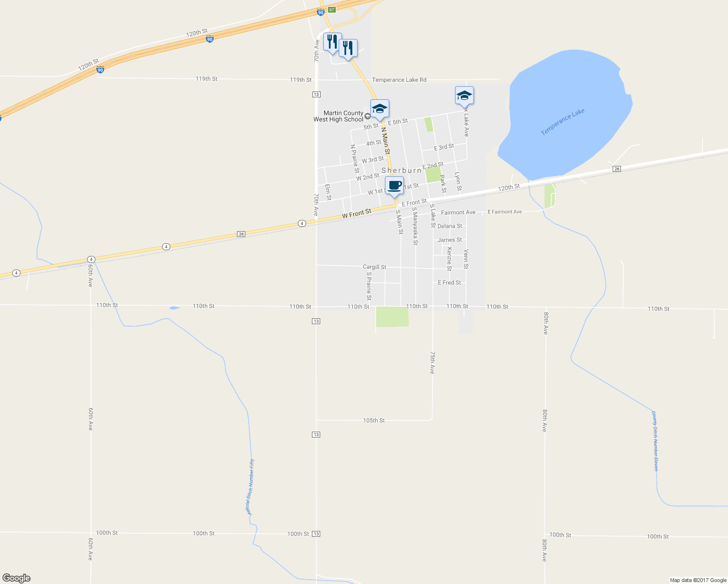 map of restaurants, bars, coffee shops, grocery stores, and more near 306 South Prairie Street in Sherburn