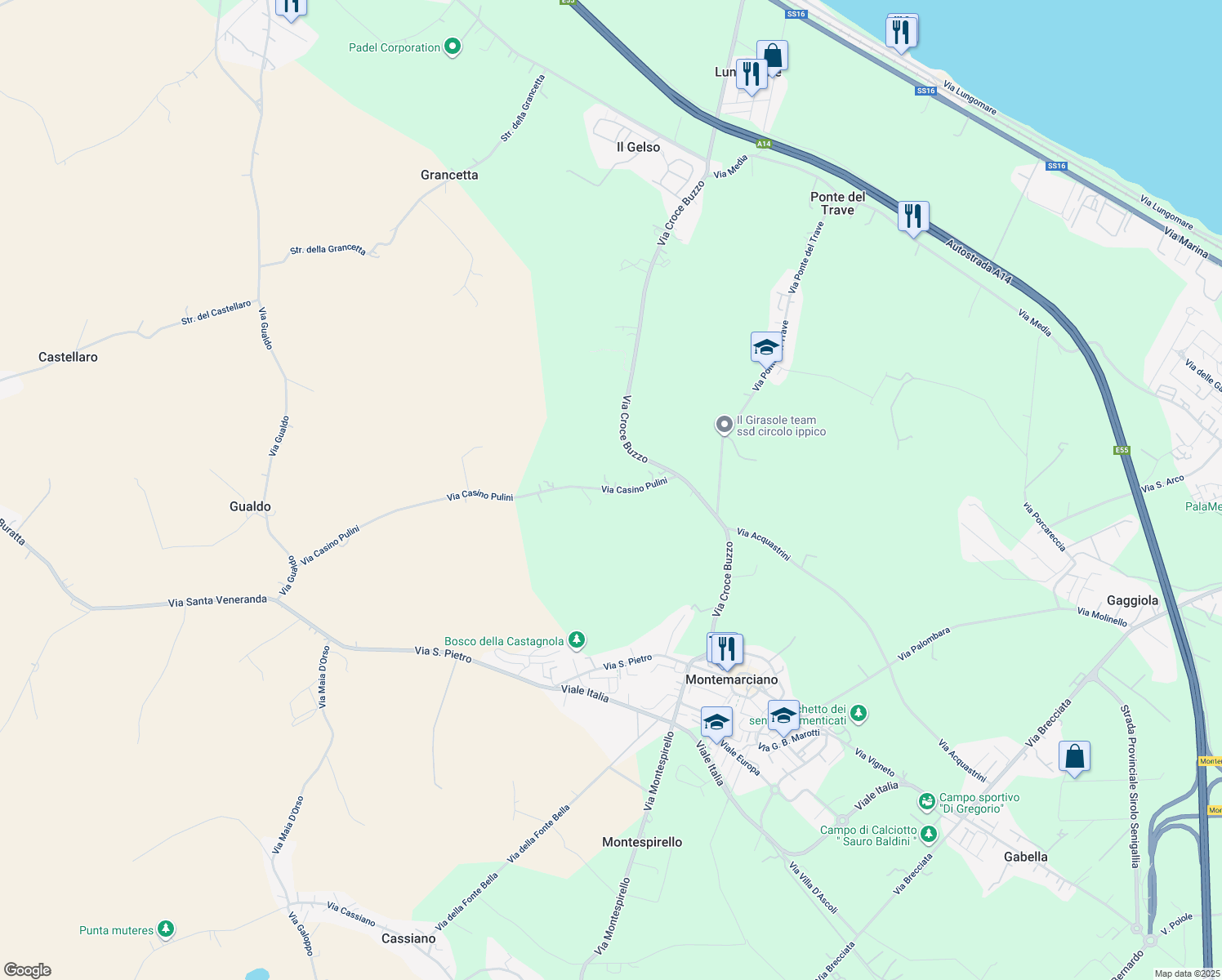 map of restaurants, bars, coffee shops, grocery stores, and more near 1 Via Casino Pulini in Provincia di Ancona