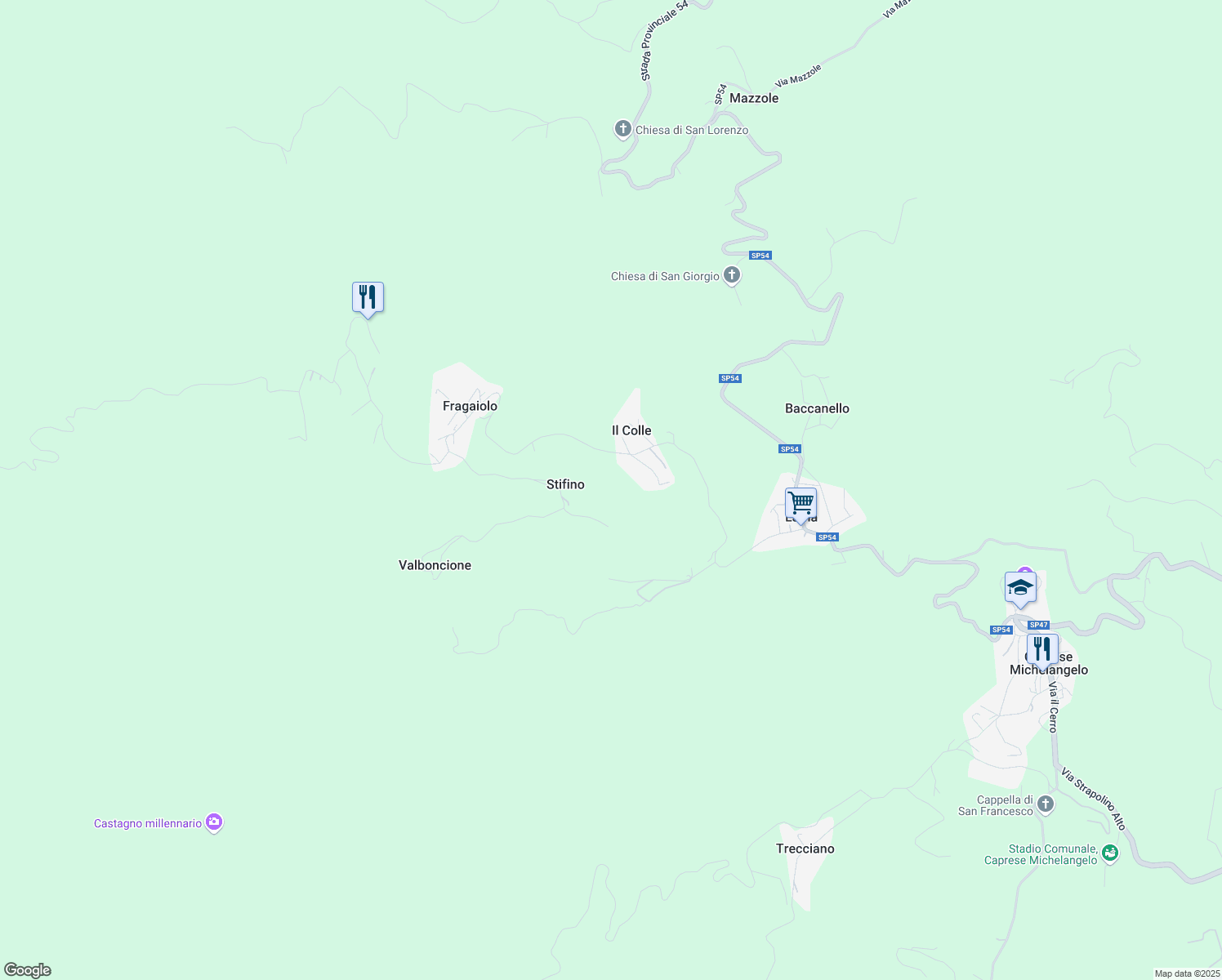 map of restaurants, bars, coffee shops, grocery stores, and more near 25 Via Fragaiolo in Provincia di Arezzo