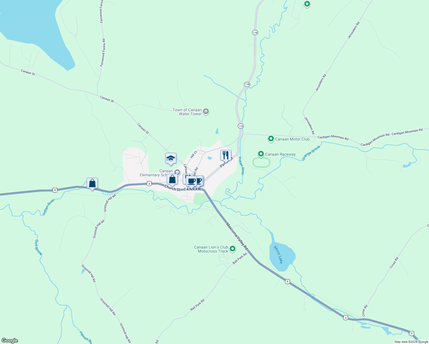 map of restaurants, bars, coffee shops, grocery stores, and more near 49 New Hampshire 118 in Canaan