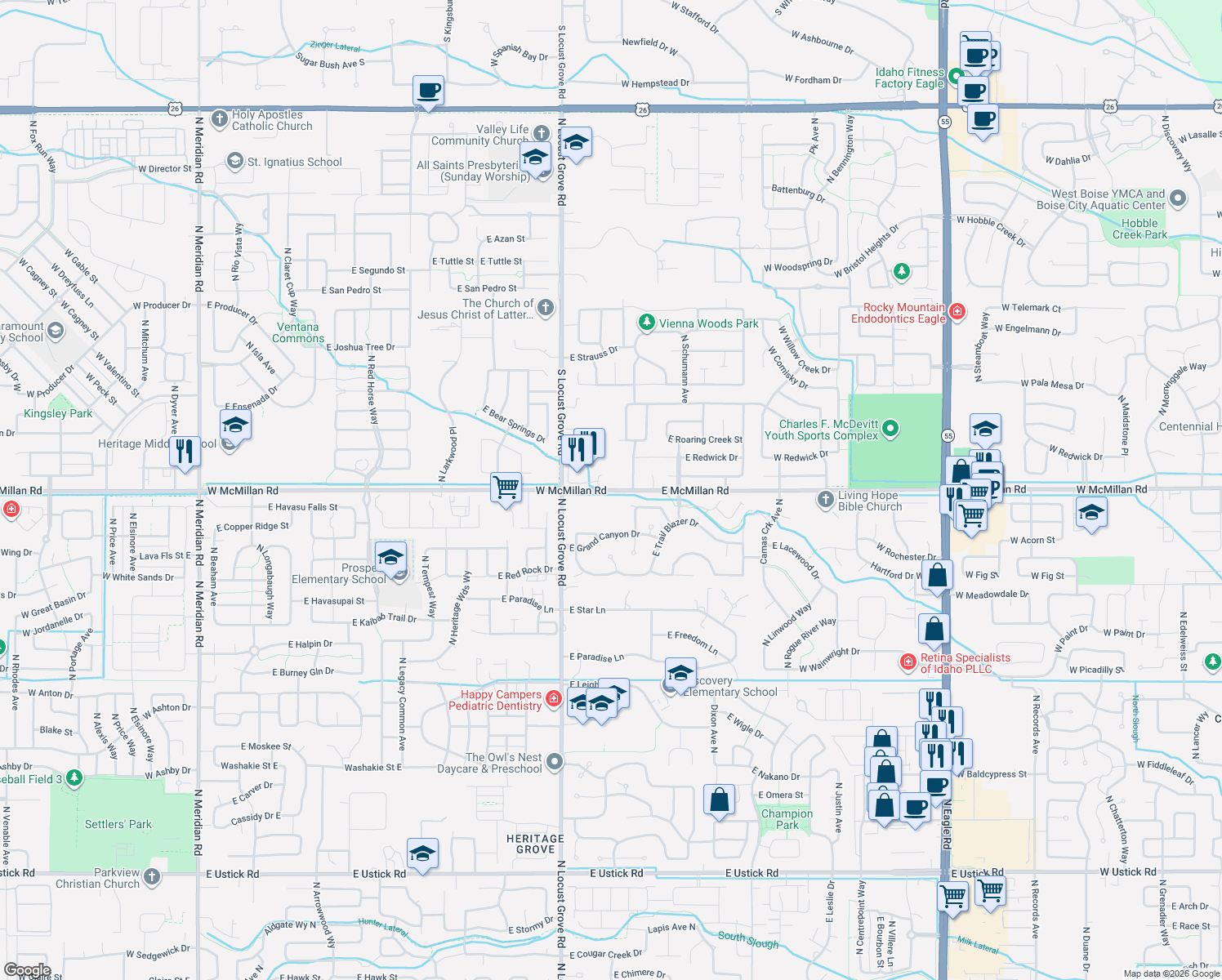 map of restaurants, bars, coffee shops, grocery stores, and more near 1860 East McMillan Road in Meridian
