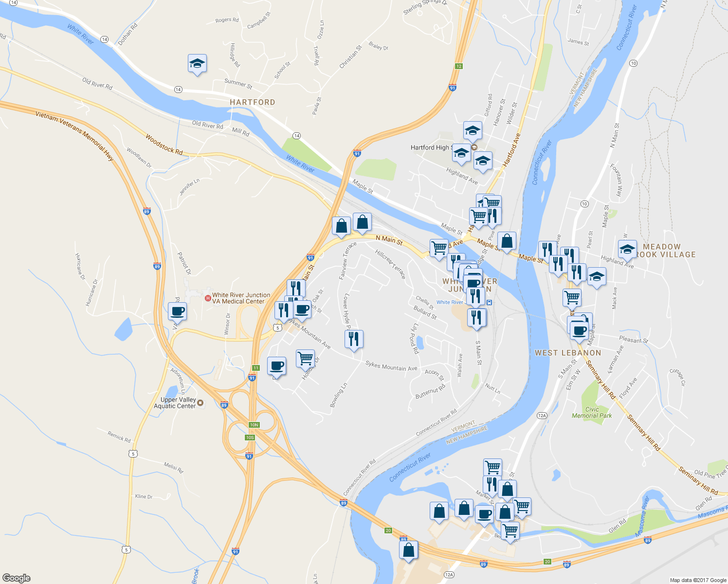 map of restaurants, bars, coffee shops, grocery stores, and more near 277 Lower Hyde Park in Hartford