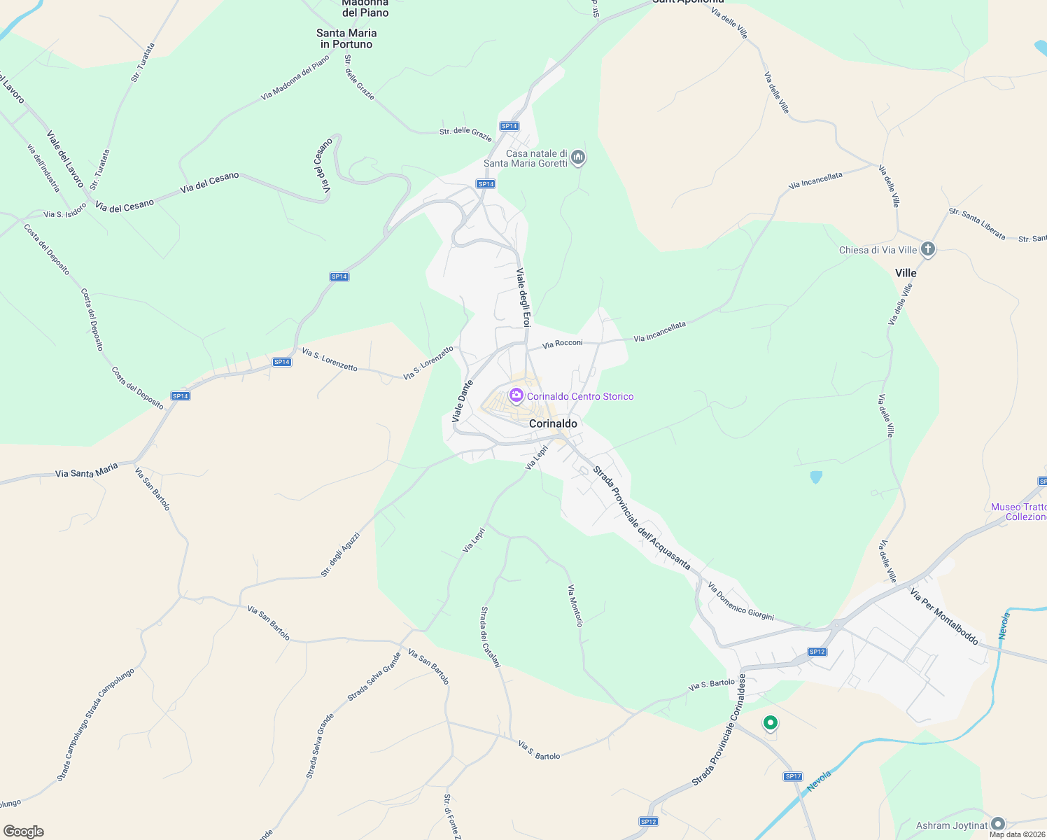 map of restaurants, bars, coffee shops, grocery stores, and more near 11 Via del Corso in Corinaldo