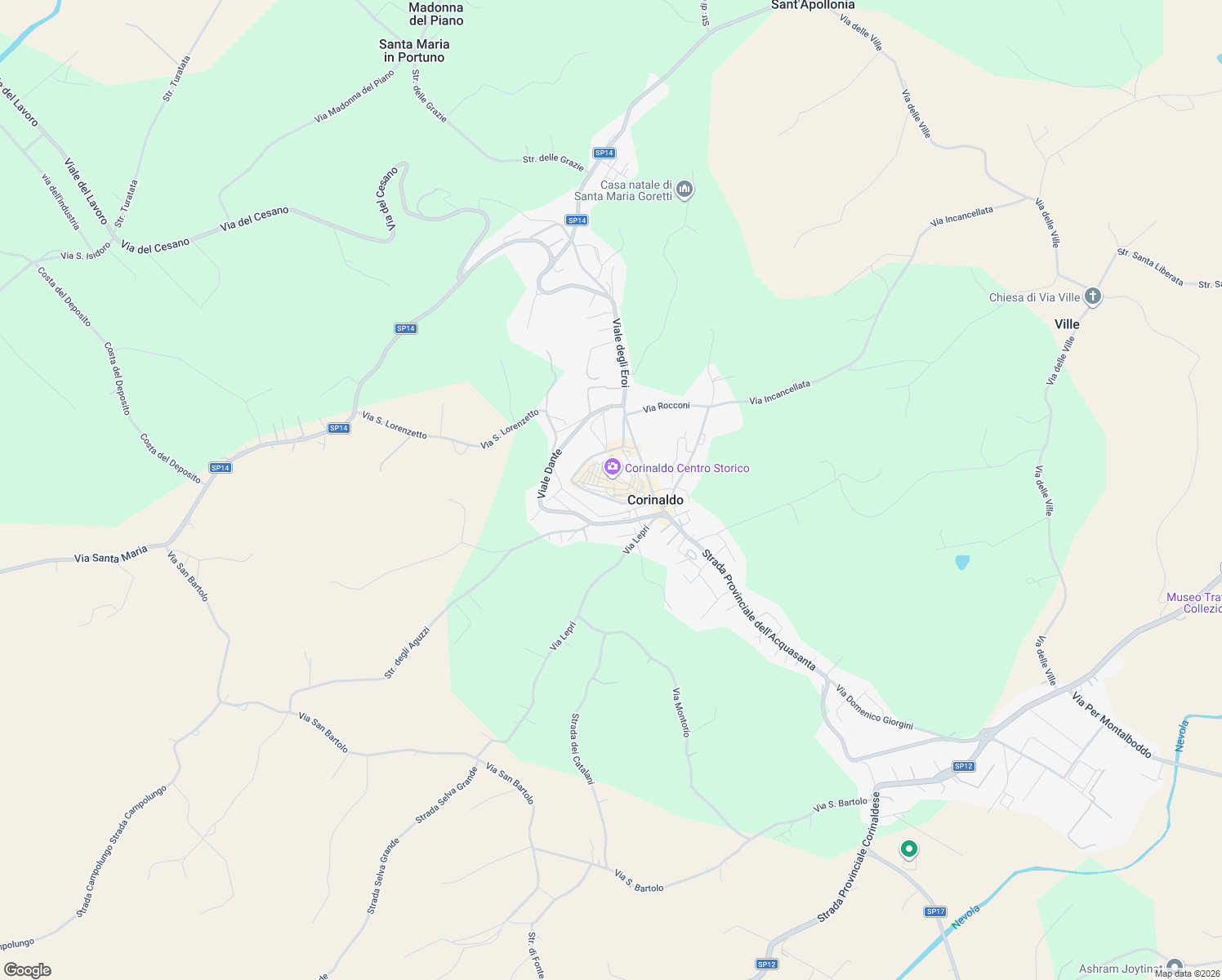 map of restaurants, bars, coffee shops, grocery stores, and more near 11 Via del Corso in Corinaldo