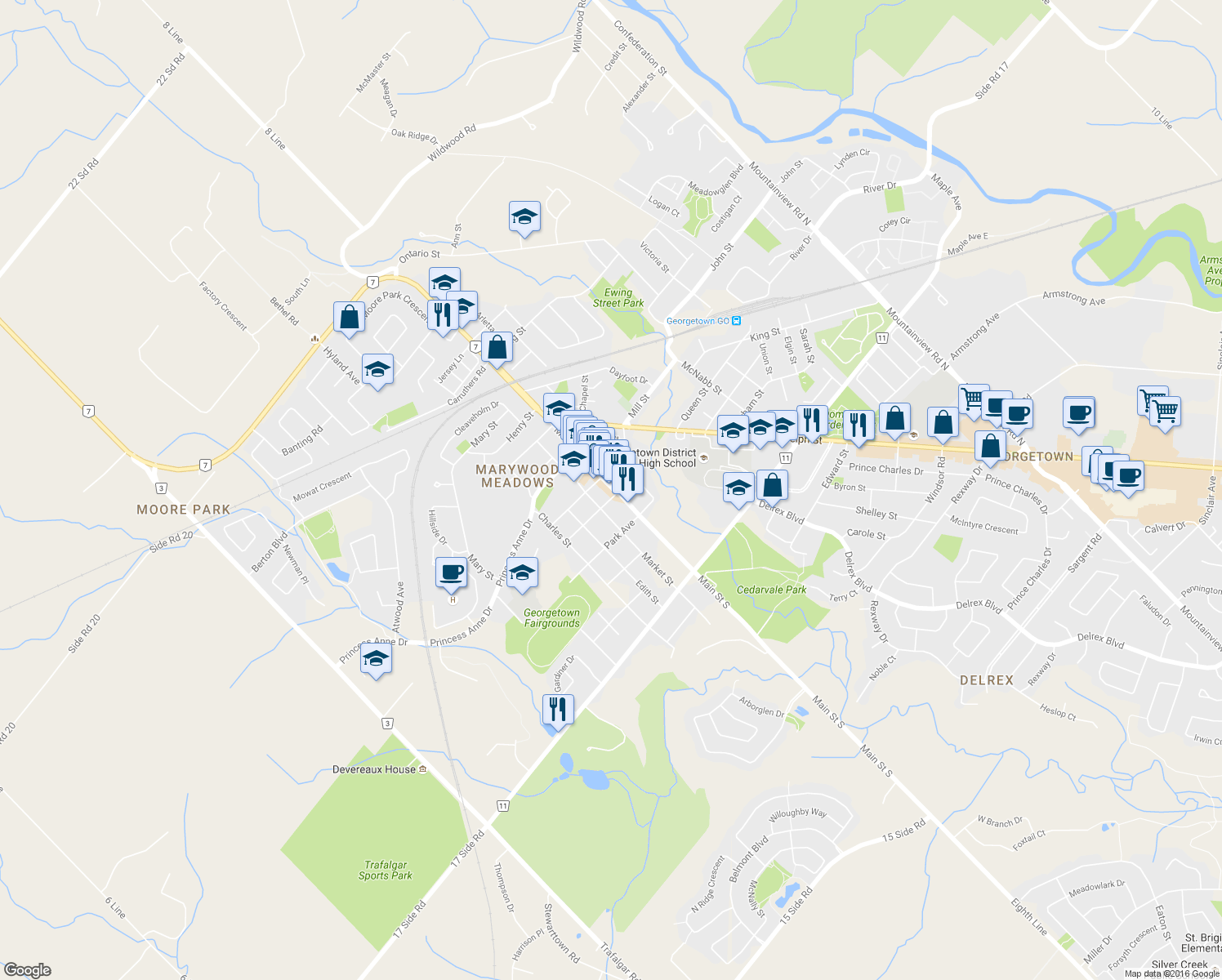 map of restaurants, bars, coffee shops, grocery stores, and more near 108 Main Street South in Halton Hills