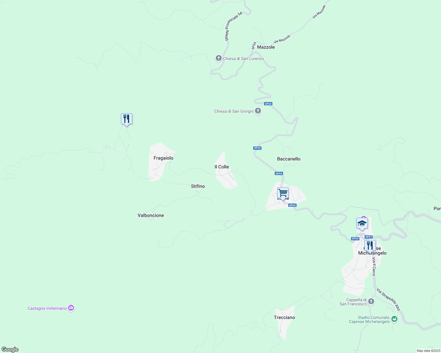 map of restaurants, bars, coffee shops, grocery stores, and more near 25 Via Fragaiolo in Provincia di Arezzo