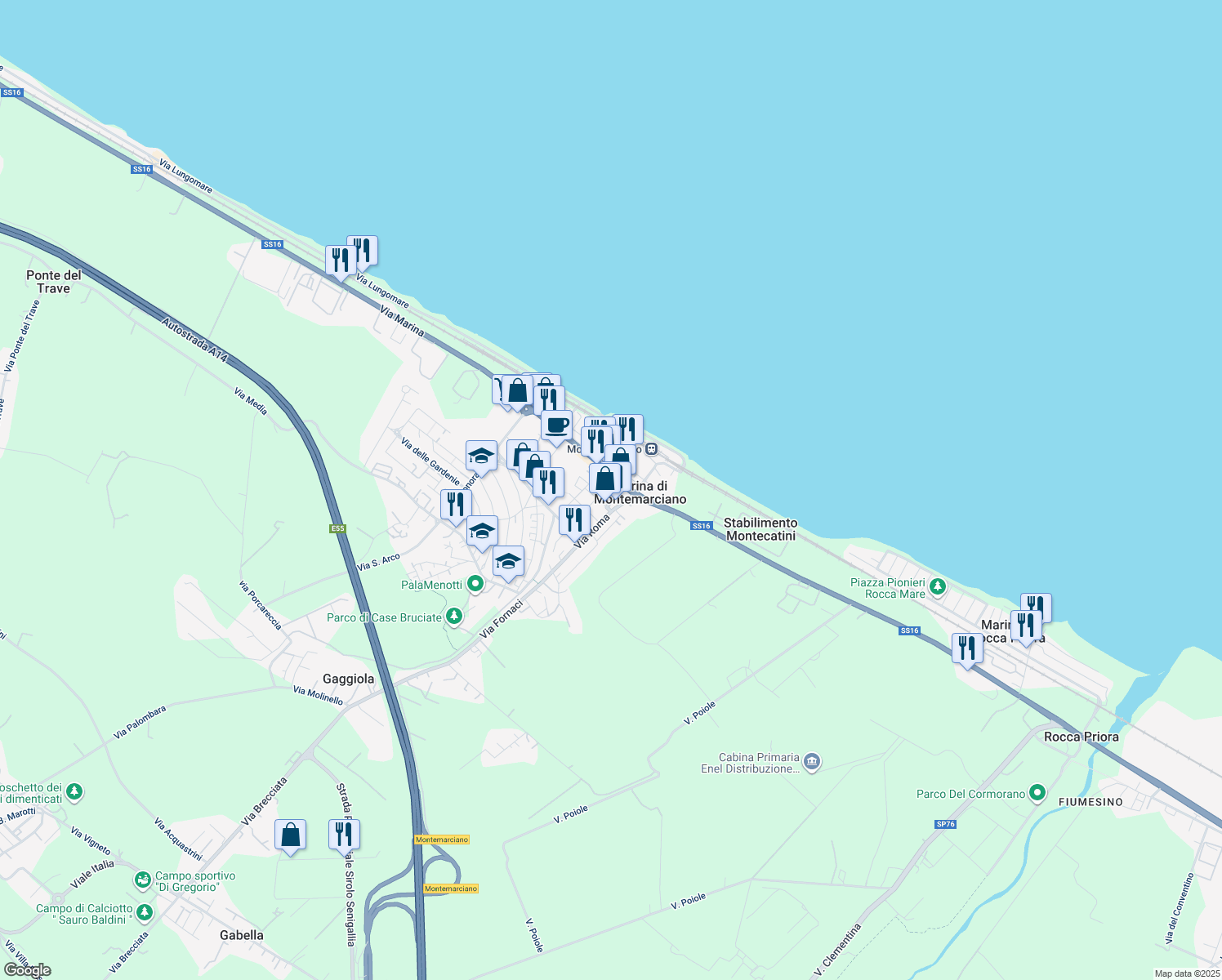 map of restaurants, bars, coffee shops, grocery stores, and more near 15 Via R. Sanzio in Marina di Montemarciano