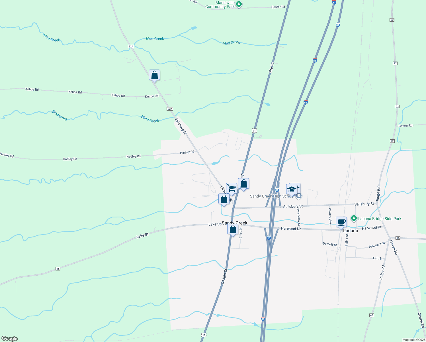 map of restaurants, bars, coffee shops, grocery stores, and more near 294 Ellisburg Street in Sandy Creek