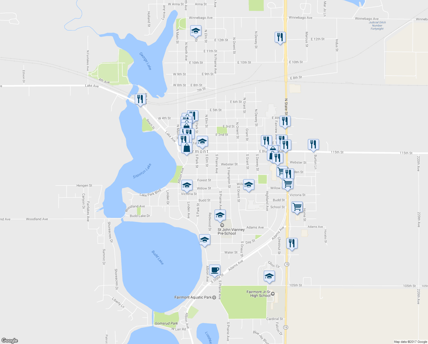 map of restaurants, bars, coffee shops, grocery stores, and more near 320 South Prairie Avenue in Fairmont