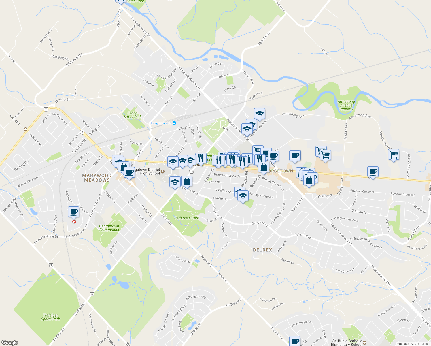 map of restaurants, bars, coffee shops, grocery stores, and more near 9 Prince Charles Drive in Halton Hills