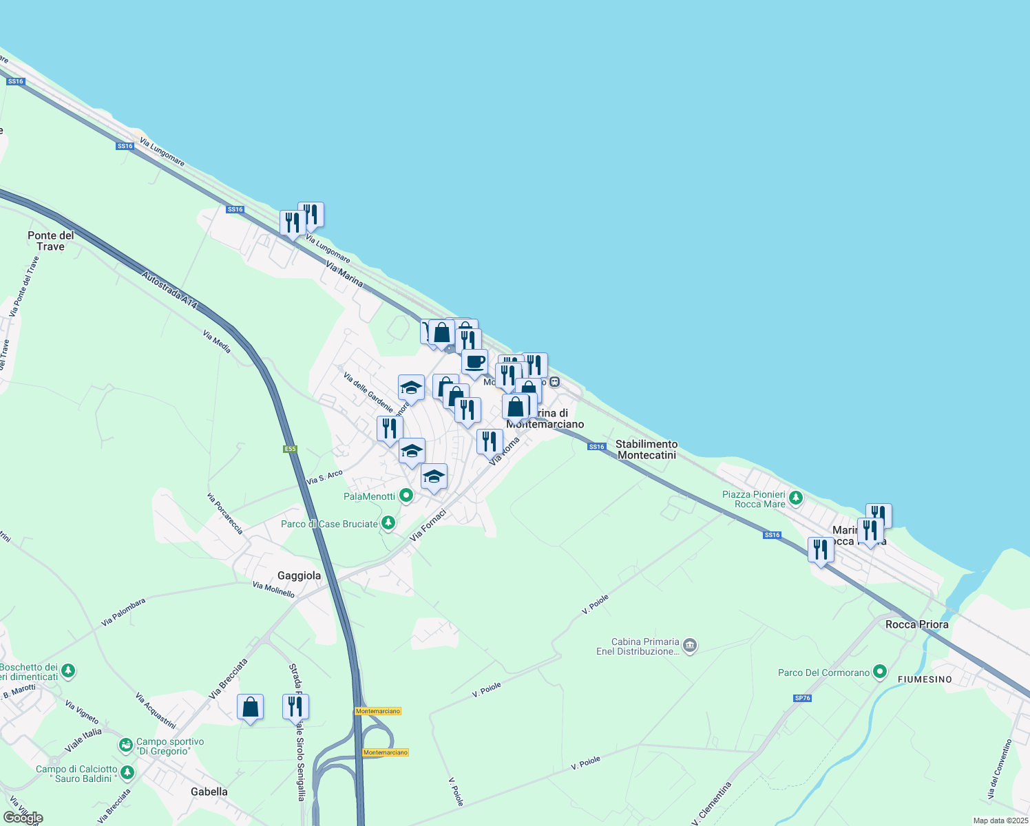 map of restaurants, bars, coffee shops, grocery stores, and more near 15 Via R. Sanzio in Marina di Montemarciano