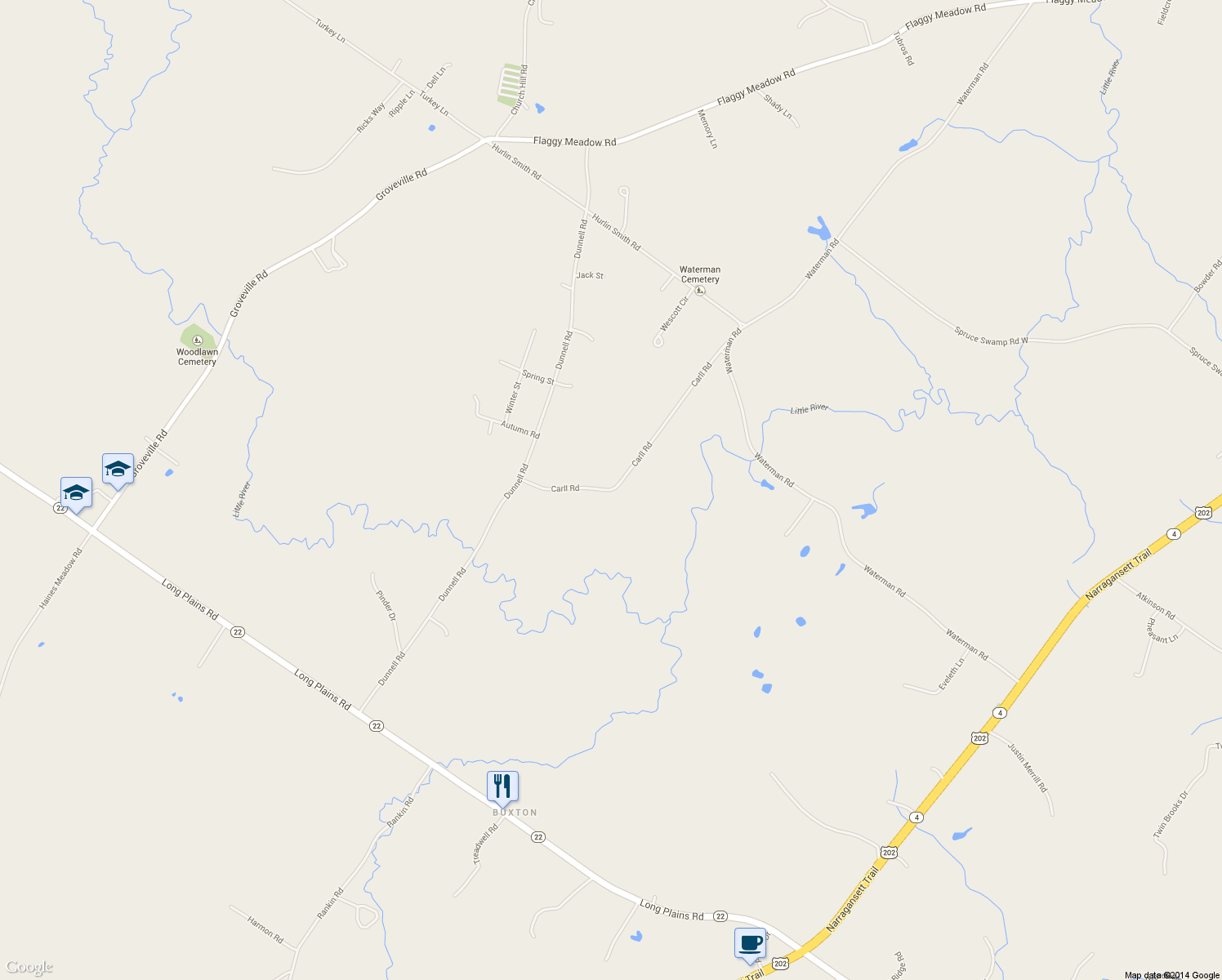 map of restaurants, bars, coffee shops, grocery stores, and more near 85 Carll Road in Buxton