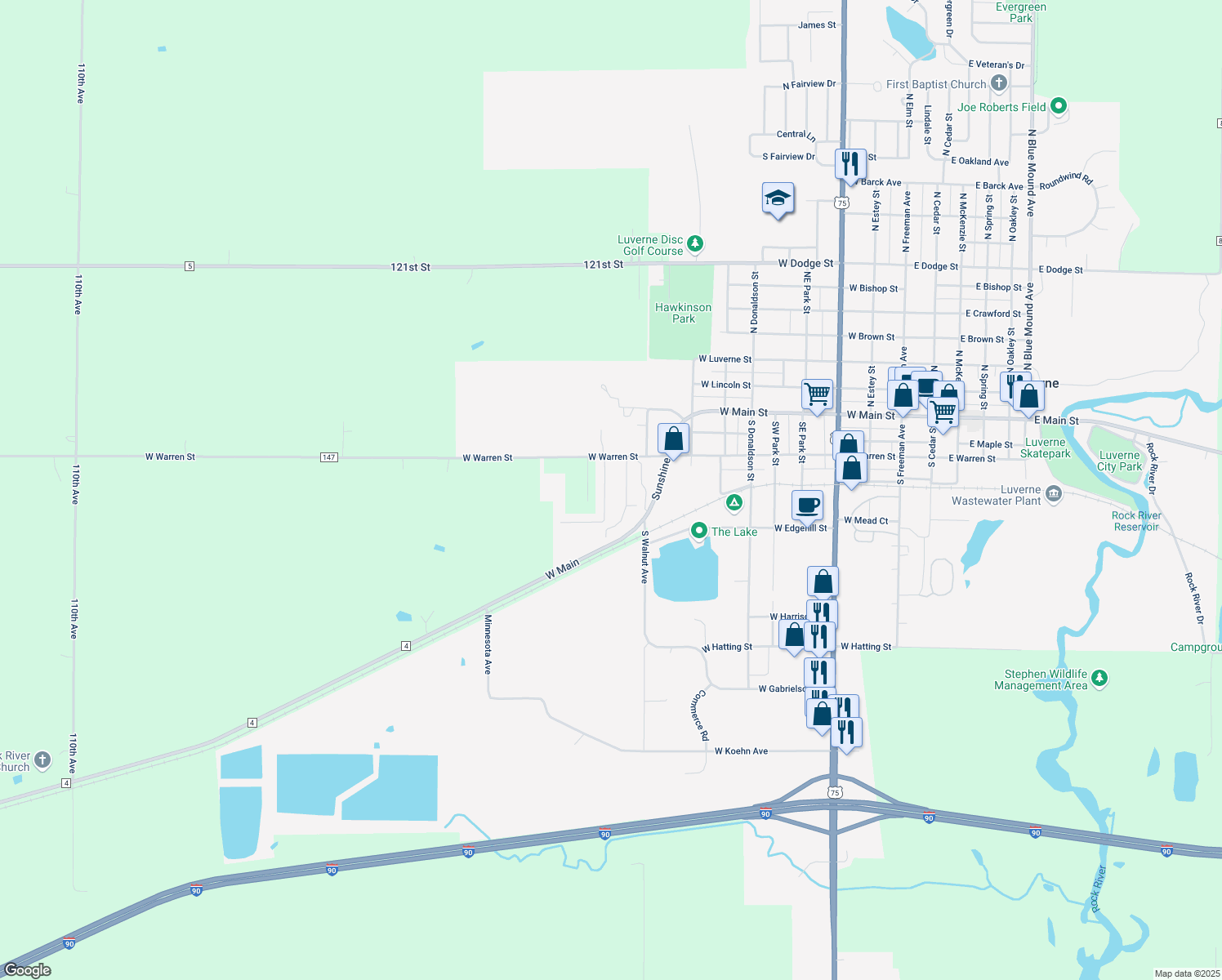 map of restaurants, bars, coffee shops, grocery stores, and more near 209 Pine Drive in Luverne