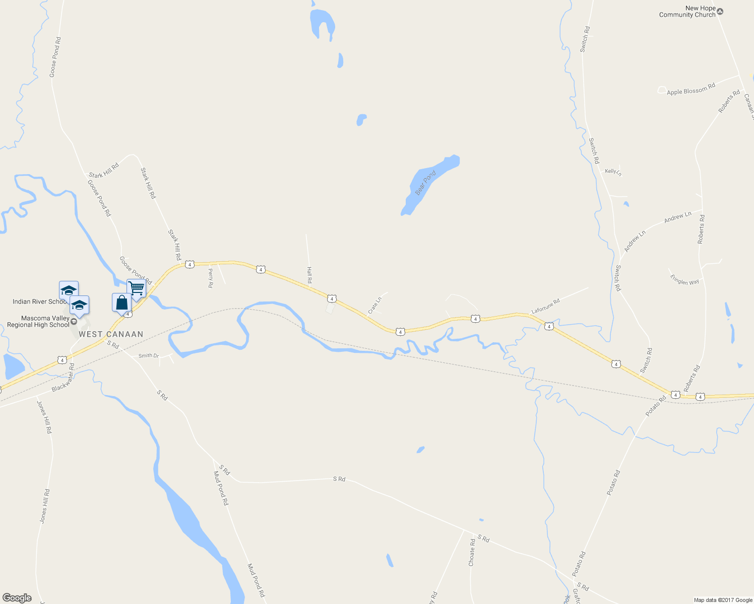 map of restaurants, bars, coffee shops, grocery stores, and more near Crate Lane in Canaan