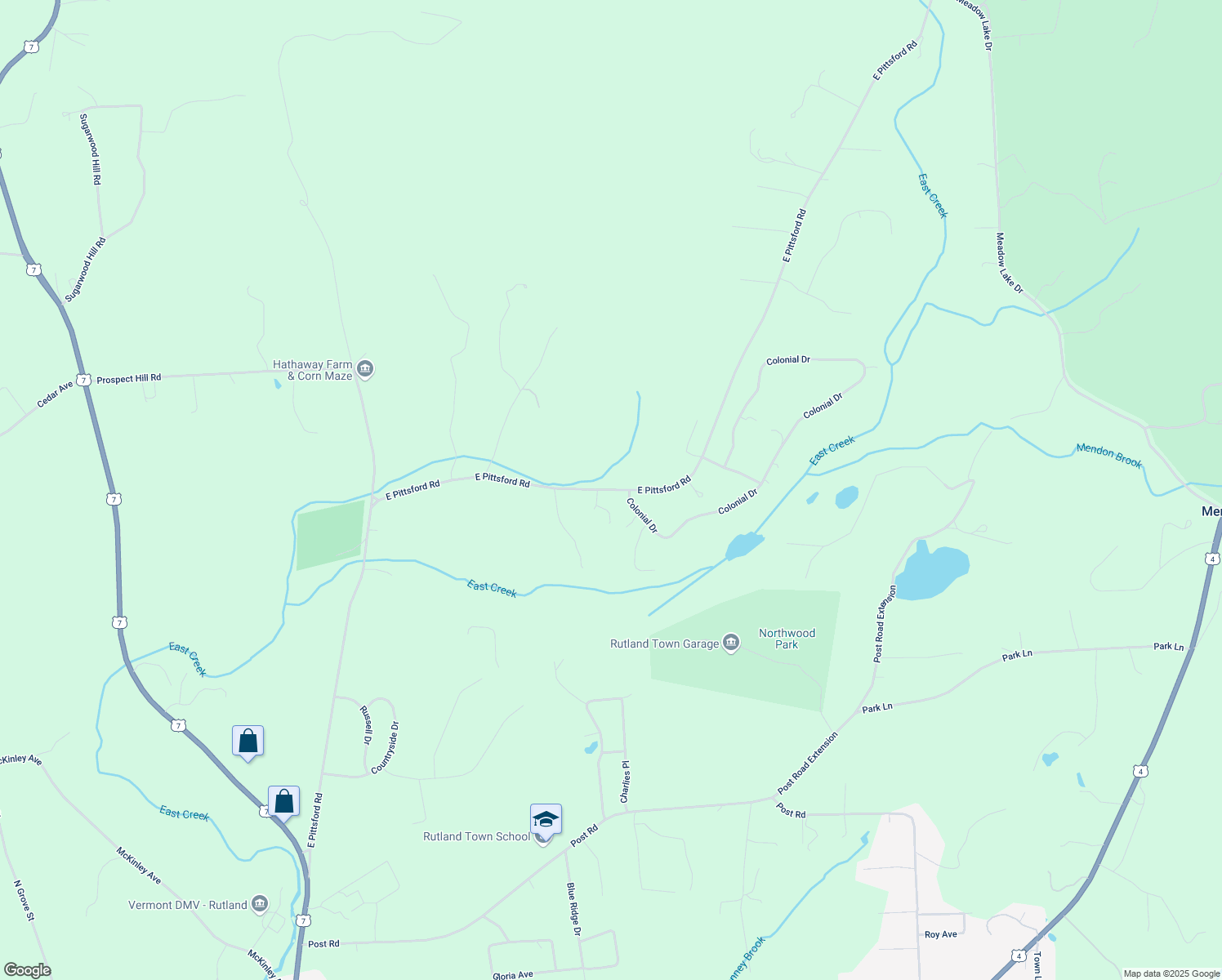 map of restaurants, bars, coffee shops, grocery stores, and more near East Pittsford Road in Rutland