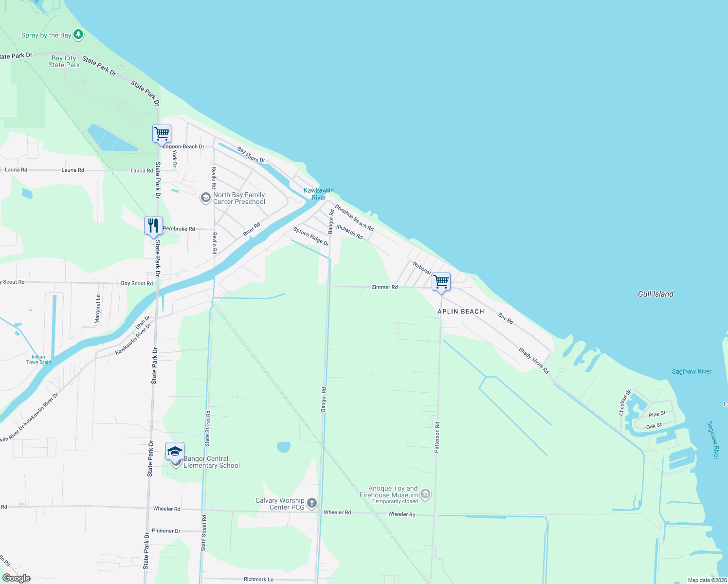 map of restaurants, bars, coffee shops, grocery stores, and more near 4421 Zimmer Road in Bay City