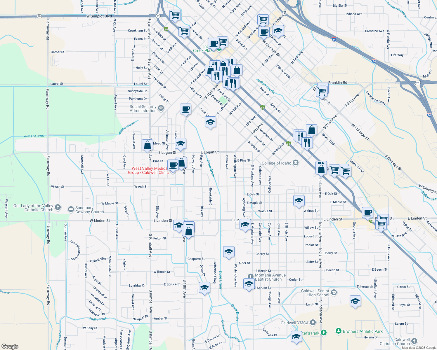 map of restaurants, bars, coffee shops, grocery stores, and more near 1922 Oregon Avenue in Caldwell