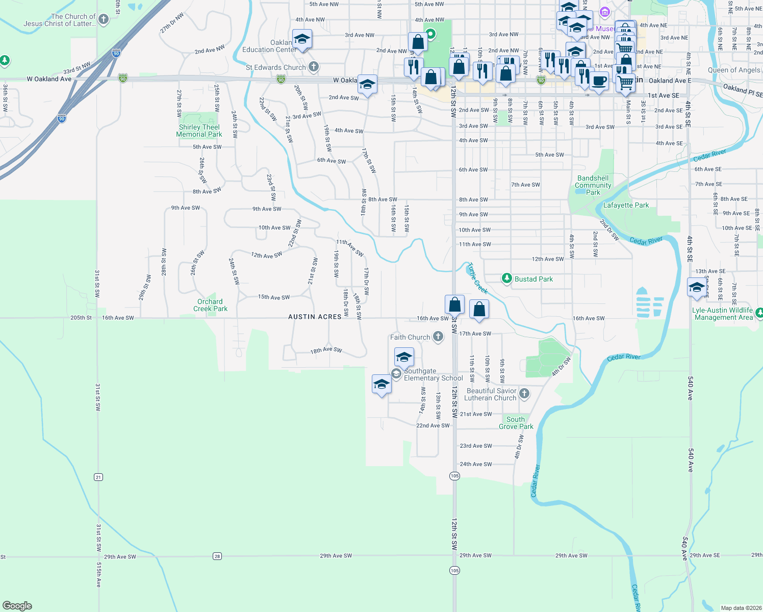 map of restaurants, bars, coffee shops, grocery stores, and more near 1605 17th Street Southwest in Austin