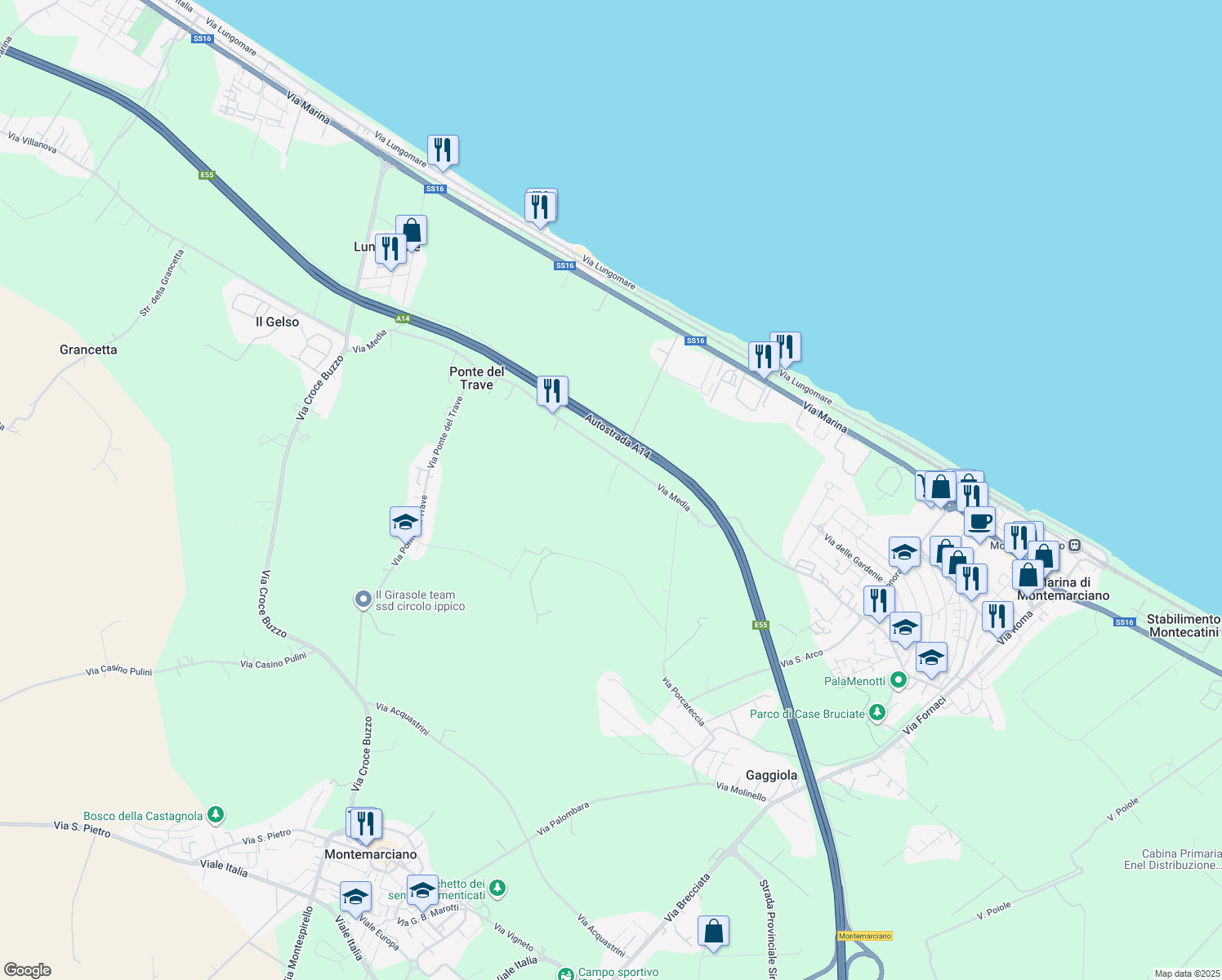 map of restaurants, bars, coffee shops, grocery stores, and more near 9 Via Media in Provincia di Ancona