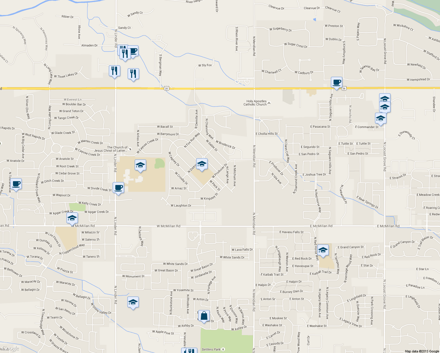 map of restaurants, bars, coffee shops, grocery stores, and more near 406 W Valentino Dr in Meridian
