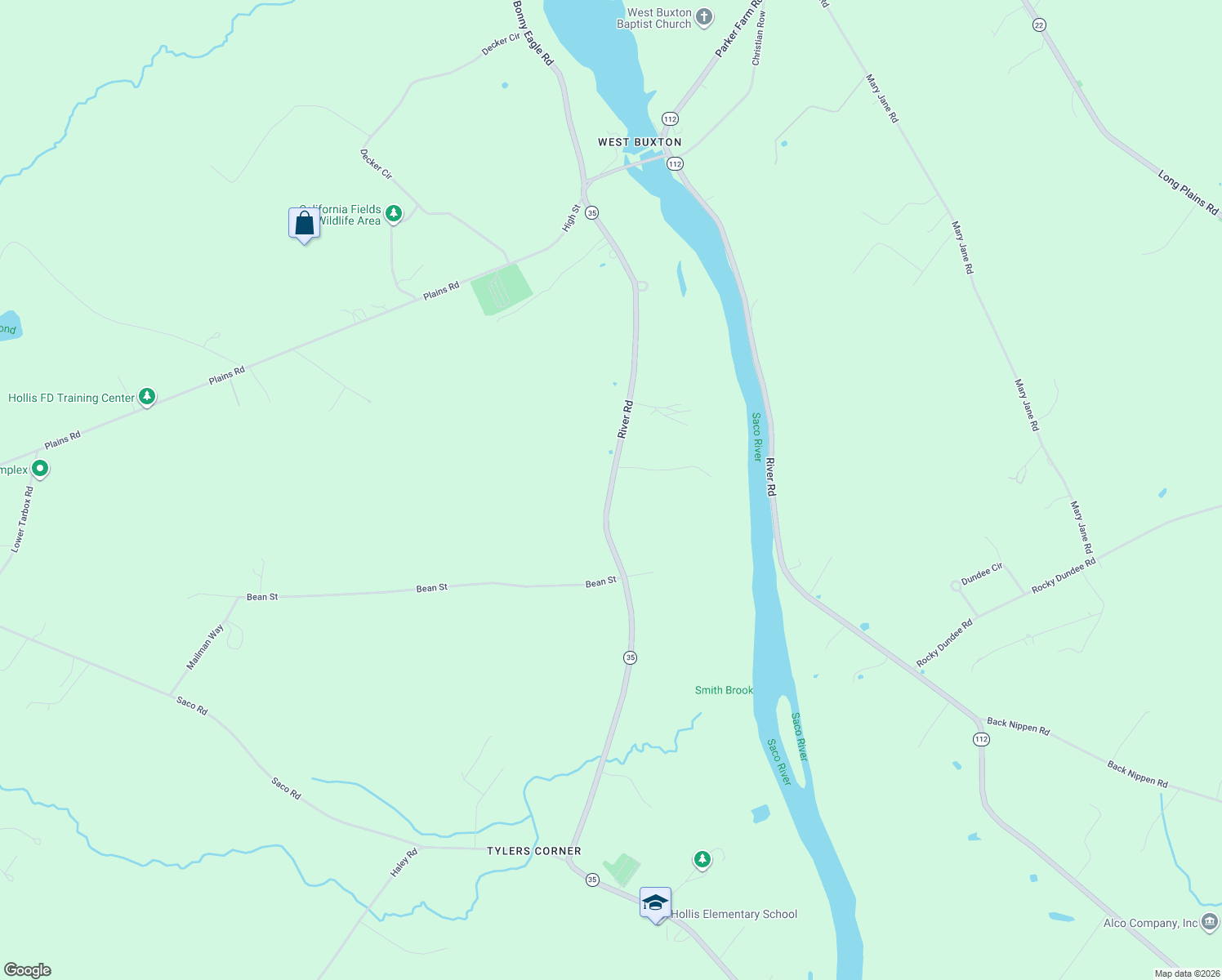 map of restaurants, bars, coffee shops, grocery stores, and more near 825 River Road in Hollis