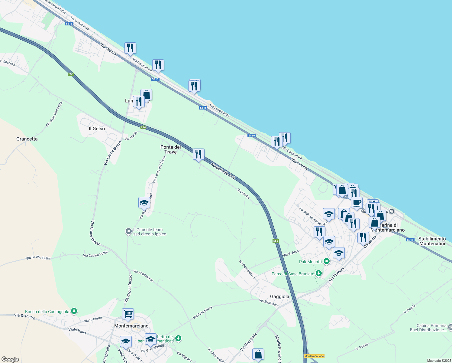 map of restaurants, bars, coffee shops, grocery stores, and more near 9 Via Media in Provincia di Ancona