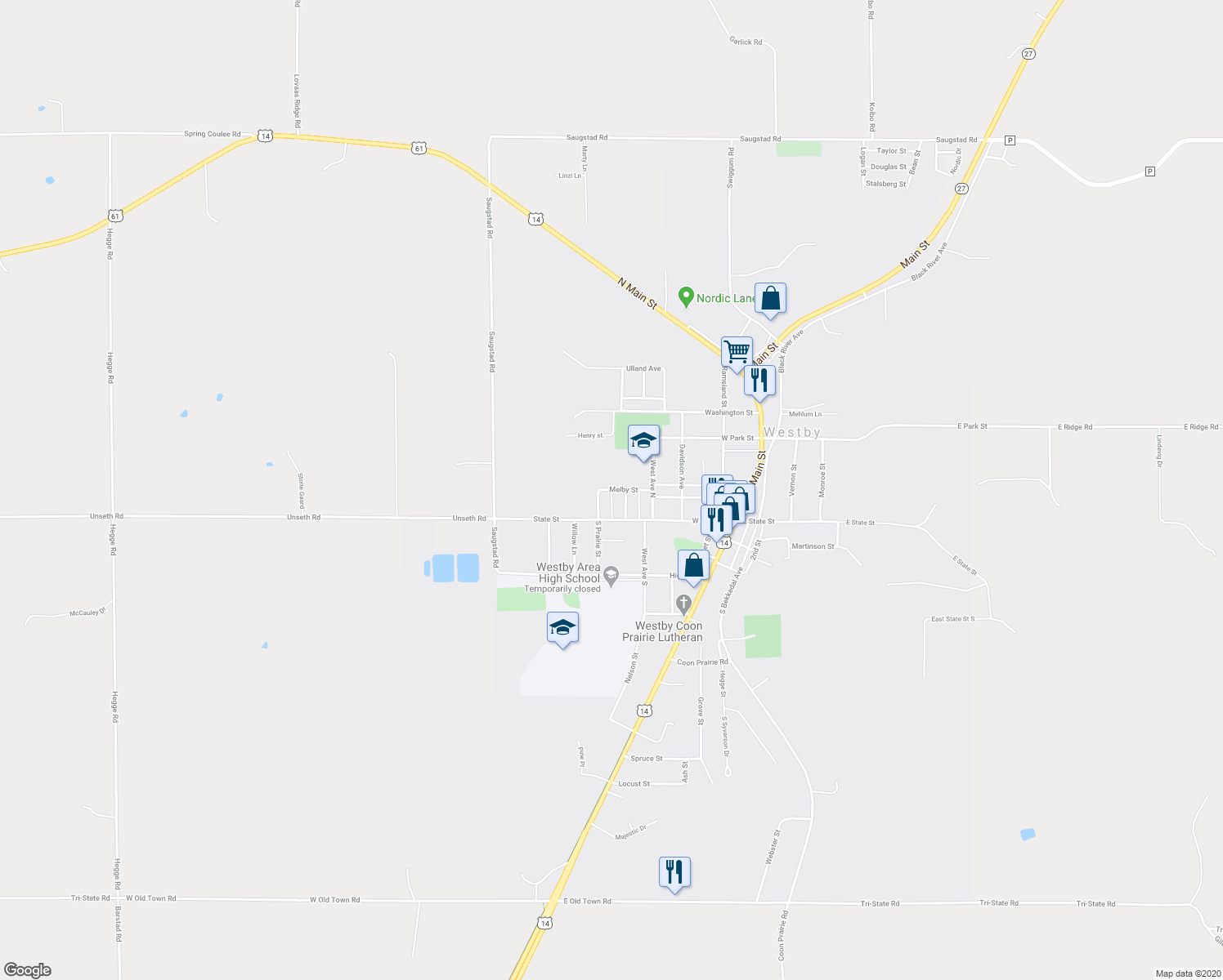 map of restaurants, bars, coffee shops, grocery stores, and more near 503 Melby Street in Westby