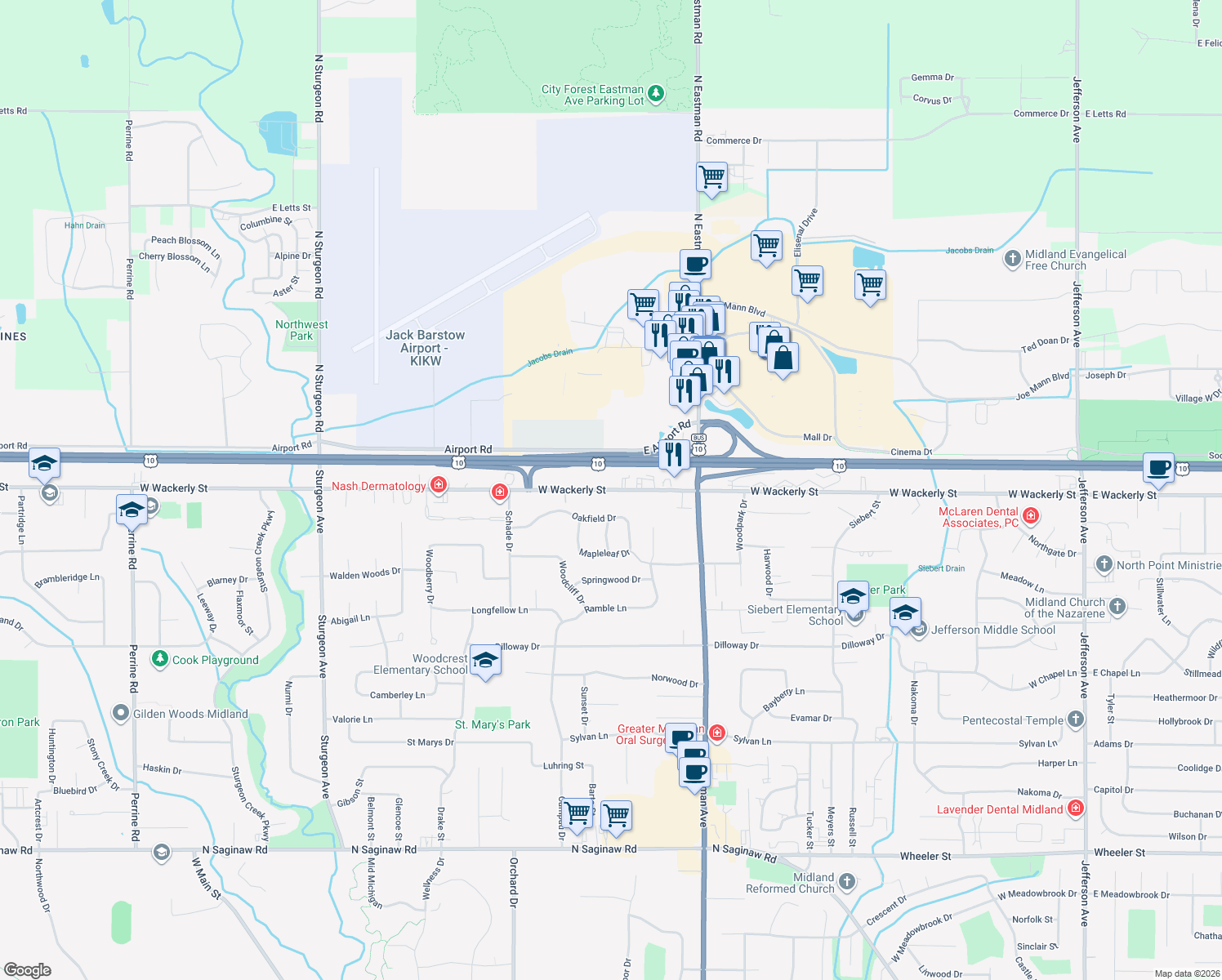 map of restaurants, bars, coffee shops, grocery stores, and more near 2013 W Wackerly St in Midland Township
