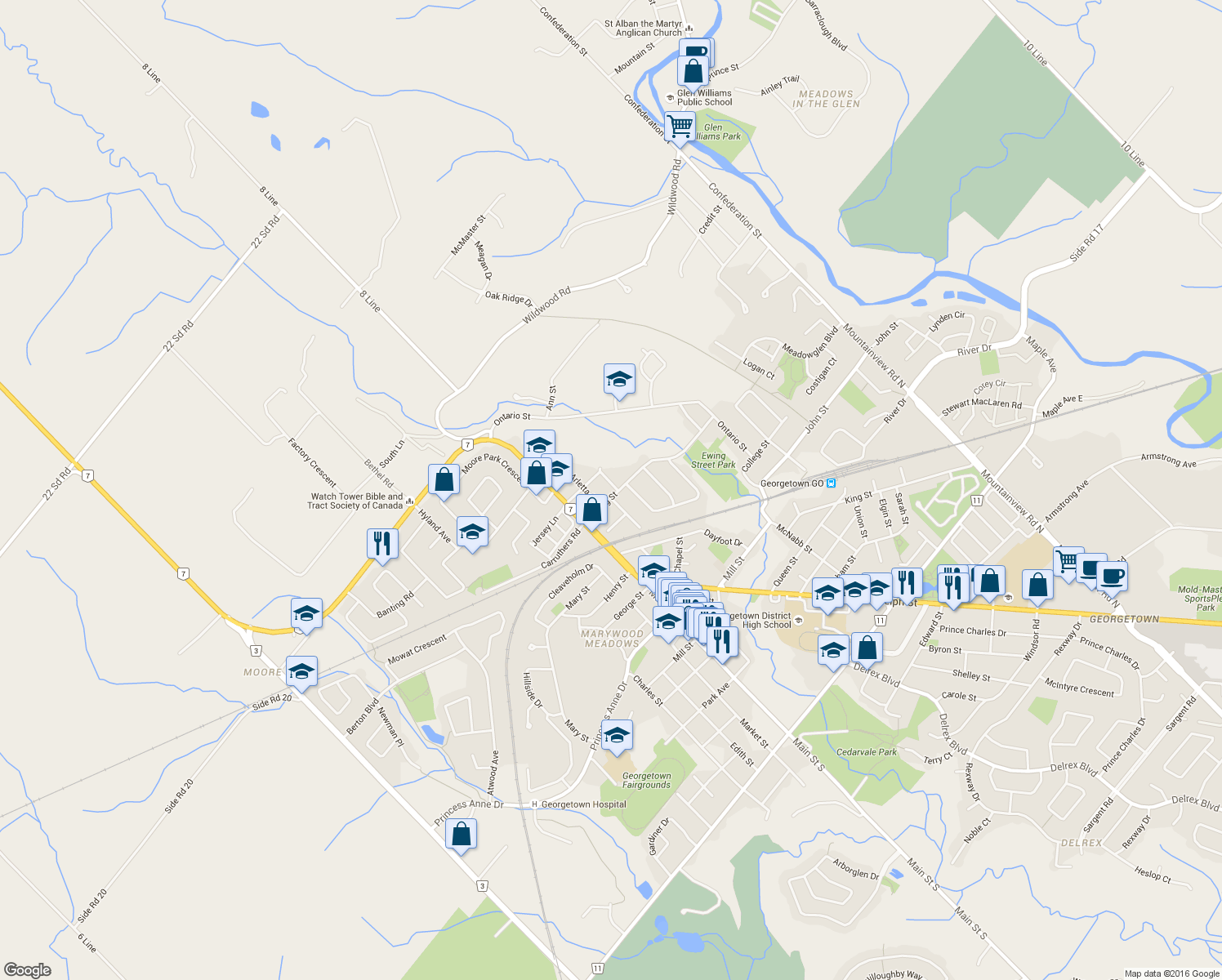 map of restaurants, bars, coffee shops, grocery stores, and more near 4 Temple Road in Halton Hills