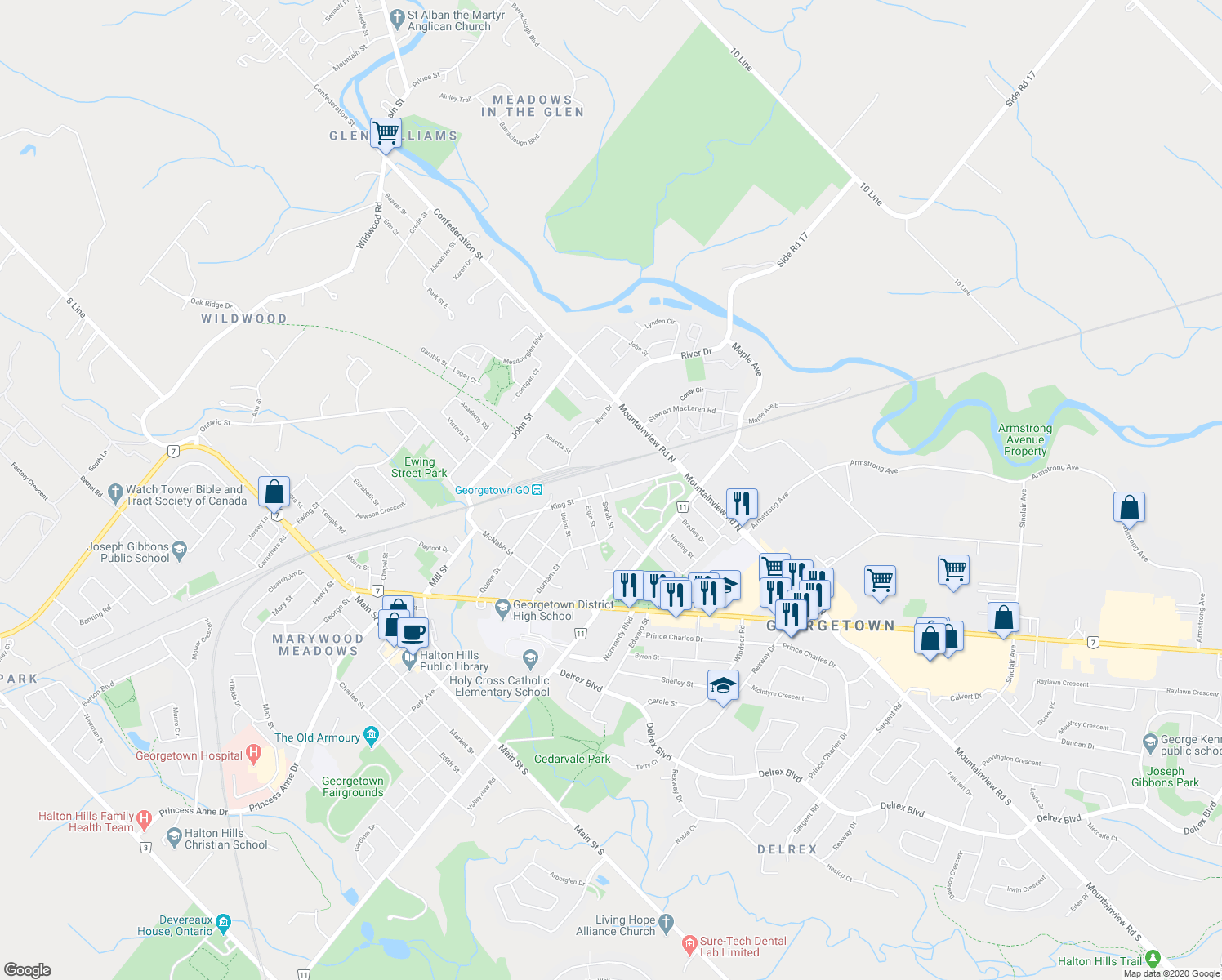 map of restaurants, bars, coffee shops, grocery stores, and more near 2 Lamb Street in Halton Hills