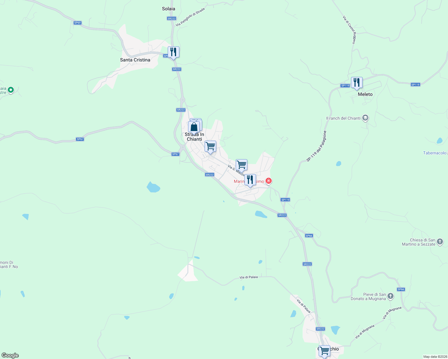 map of restaurants, bars, coffee shops, grocery stores, and more near 51 Via Giovanni Mazzuoli in Strada In Chianti