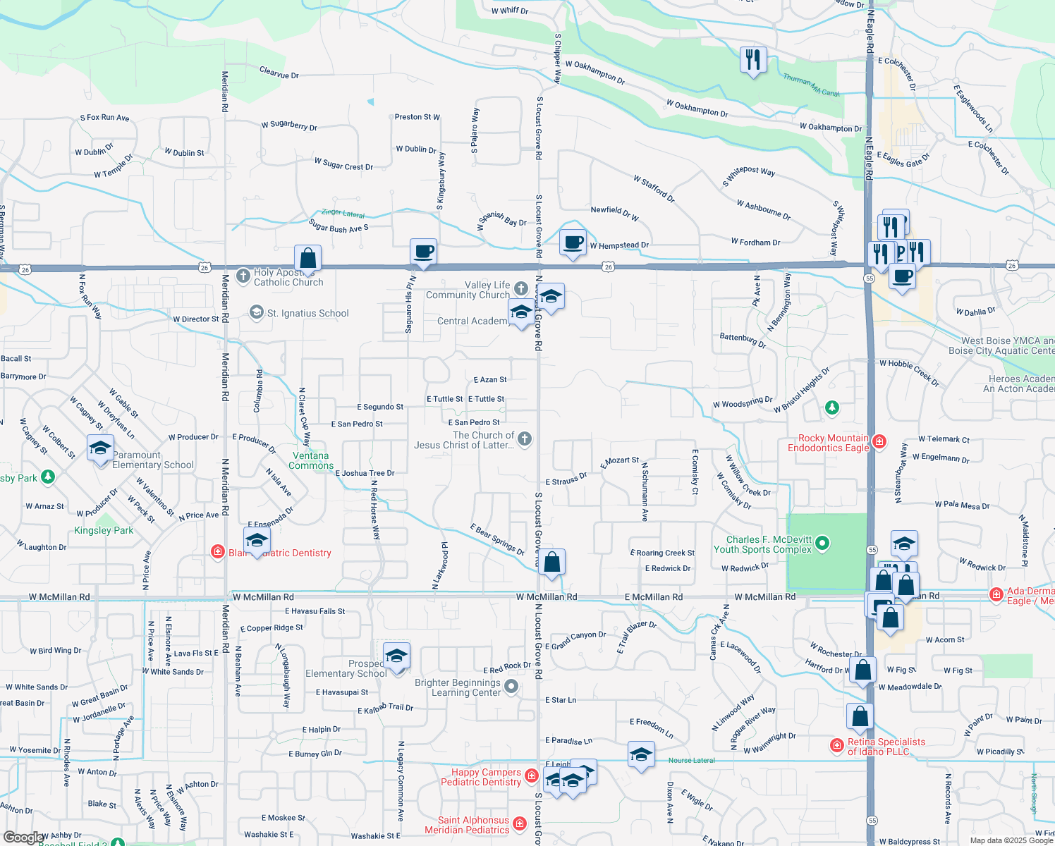 map of restaurants, bars, coffee shops, grocery stores, and more near 1577 East San Pedro Court in Meridian