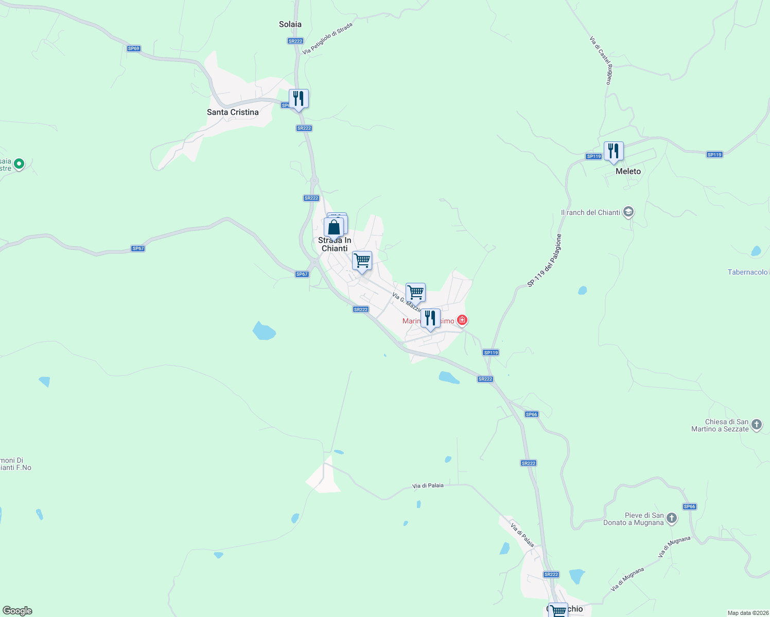 map of restaurants, bars, coffee shops, grocery stores, and more near 51 Via Giovanni Mazzuoli in Strada In Chianti