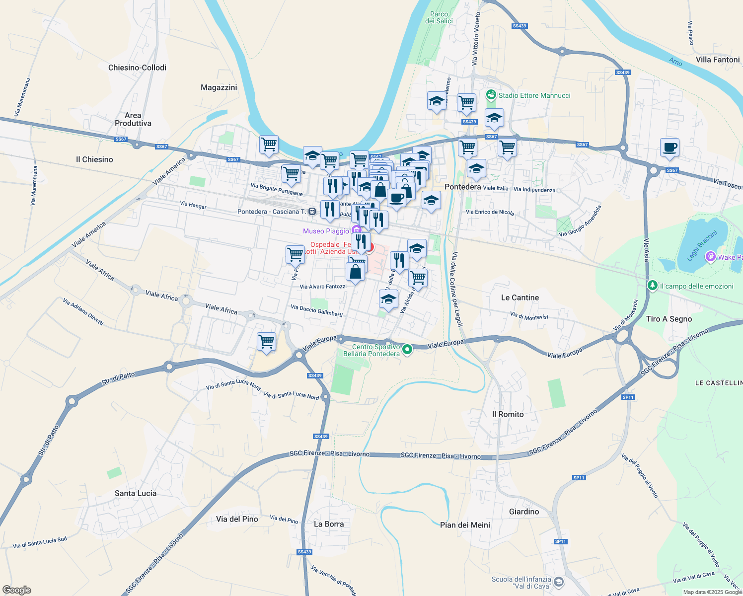 map of restaurants, bars, coffee shops, grocery stores, and more near 7 Via Galileo Galilei in Pontedera