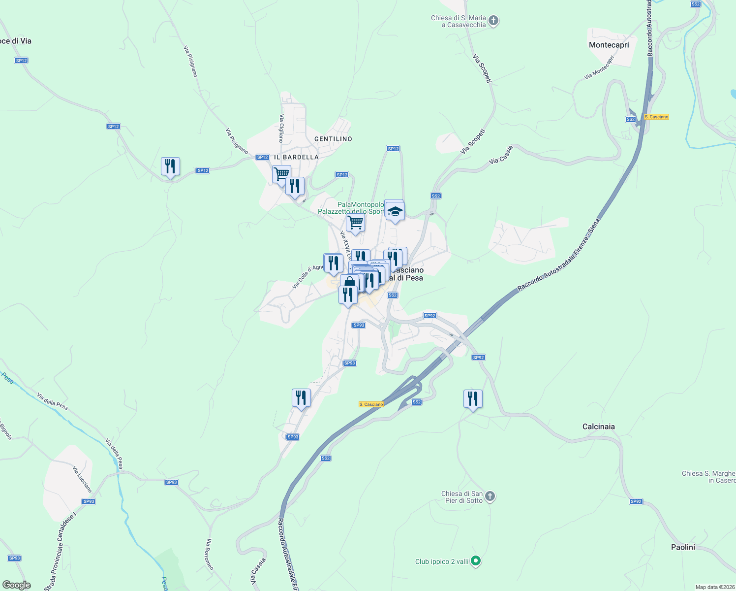map of restaurants, bars, coffee shops, grocery stores, and more near 8 Via Morrocchesi in San Casciano in Val di Pesa