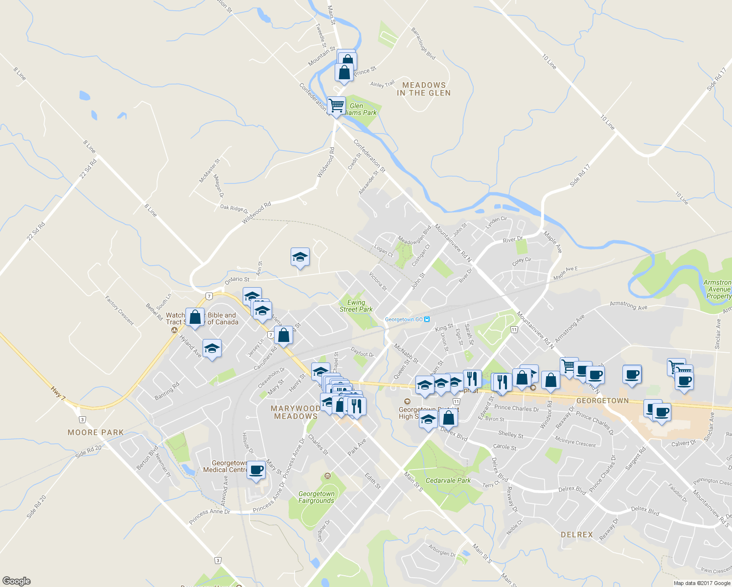 map of restaurants, bars, coffee shops, grocery stores, and more near 17 Ontario Street in Halton Hills