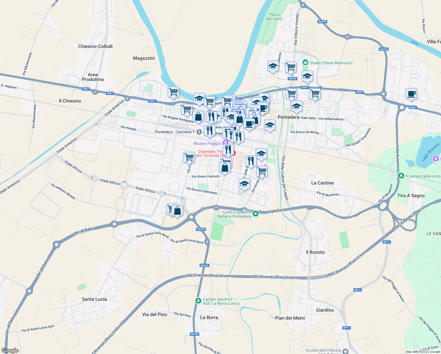 map of restaurants, bars, coffee shops, grocery stores, and more near 5 Via Alvaro Fantozzi in Pontedera
