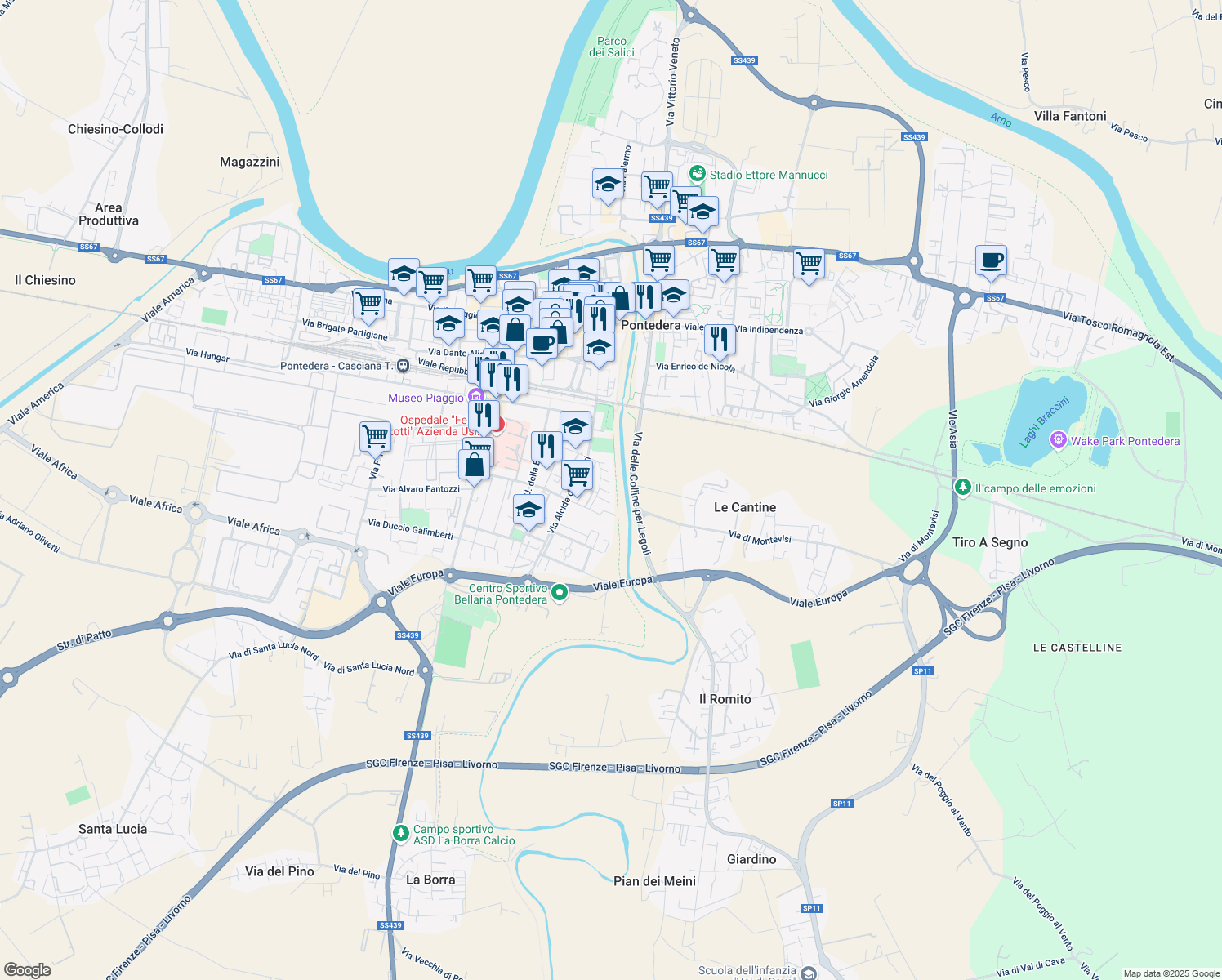 map of restaurants, bars, coffee shops, grocery stores, and more near 35 Via Palmiro Togliatti in Pontedera