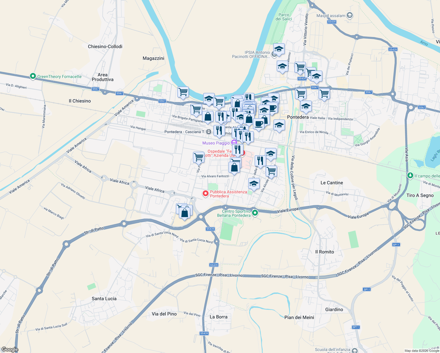 map of restaurants, bars, coffee shops, grocery stores, and more near 27 Via Alvaro Fantozzi in Pontedera