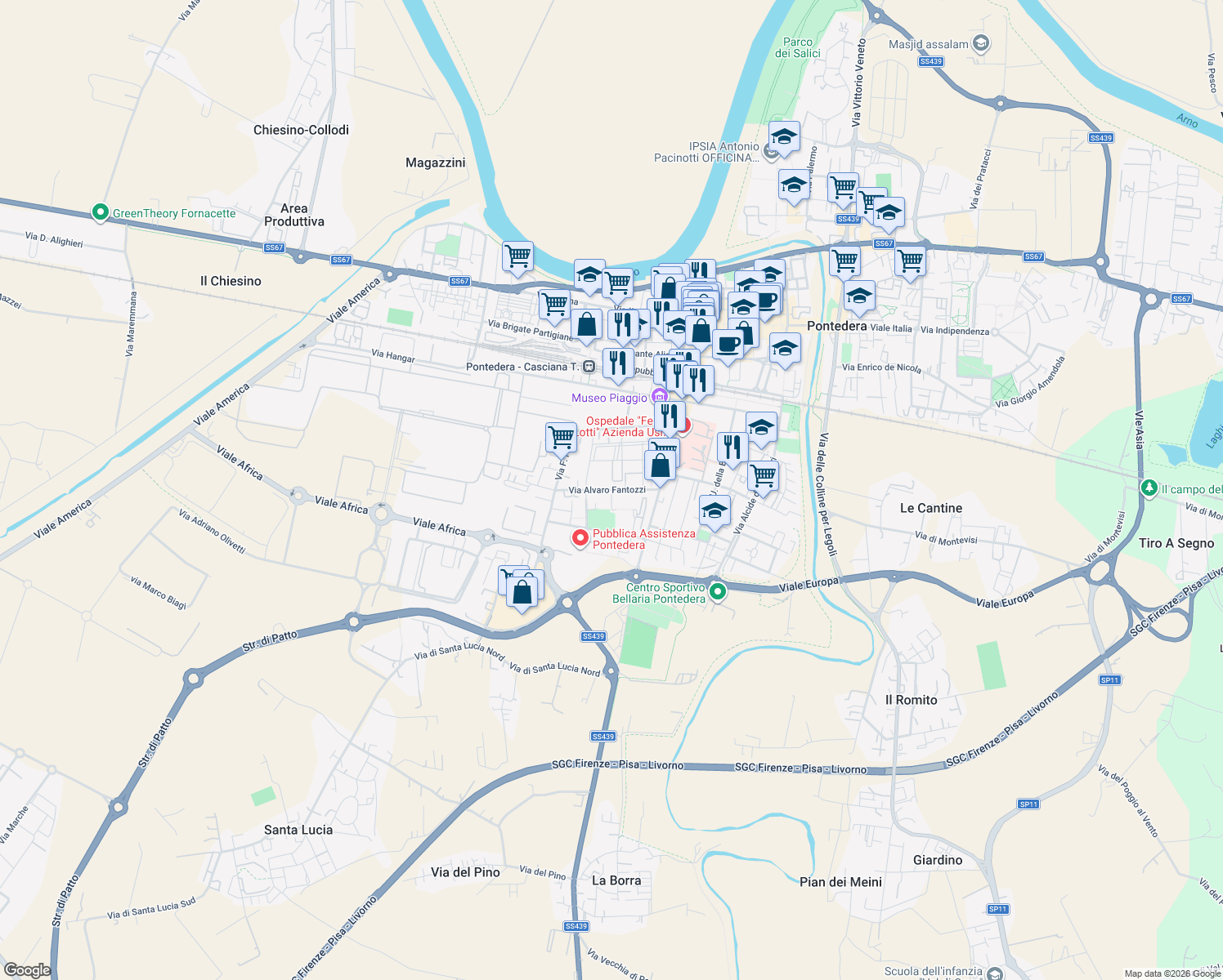 map of restaurants, bars, coffee shops, grocery stores, and more near 27 Via Alvaro Fantozzi in Pontedera