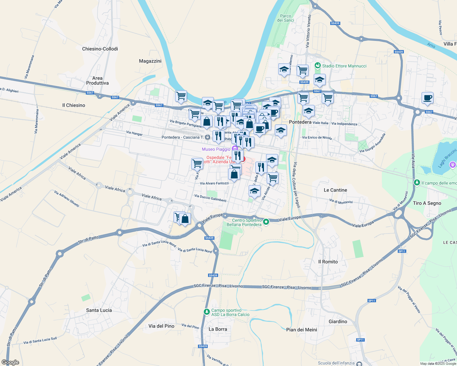 map of restaurants, bars, coffee shops, grocery stores, and more near 5 Via Alvaro Fantozzi in Pontedera