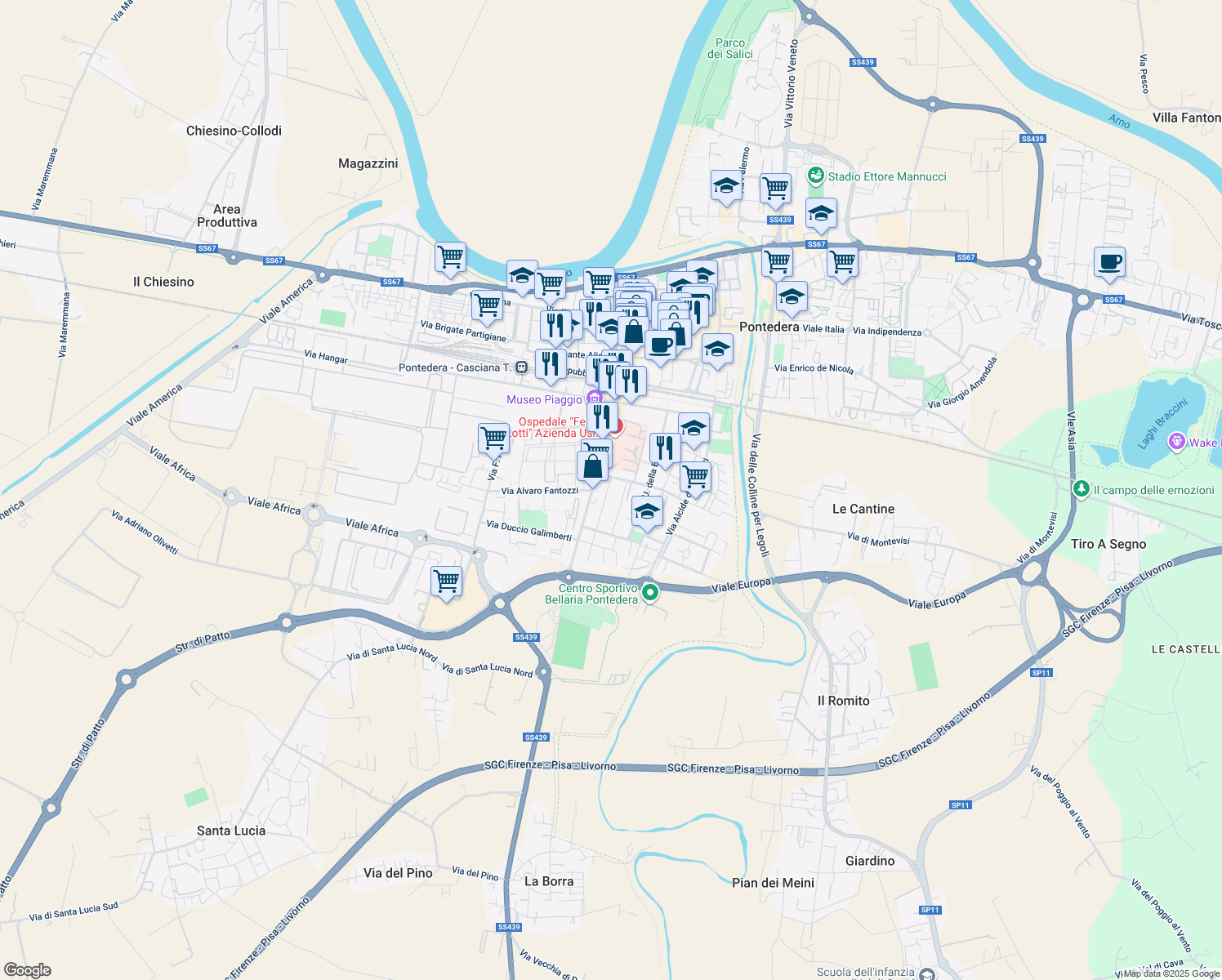 map of restaurants, bars, coffee shops, grocery stores, and more near 7 Via Galileo Galilei in Pontedera