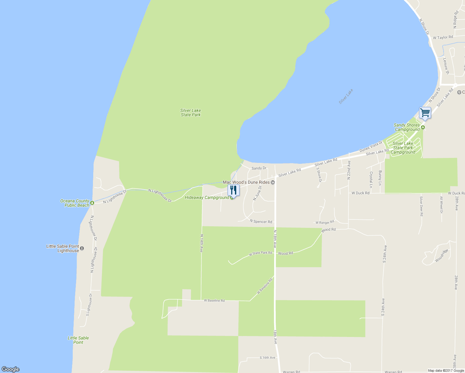 map of restaurants, bars, coffee shops, grocery stores, and more near 9642 Silver Lake Road in Mears