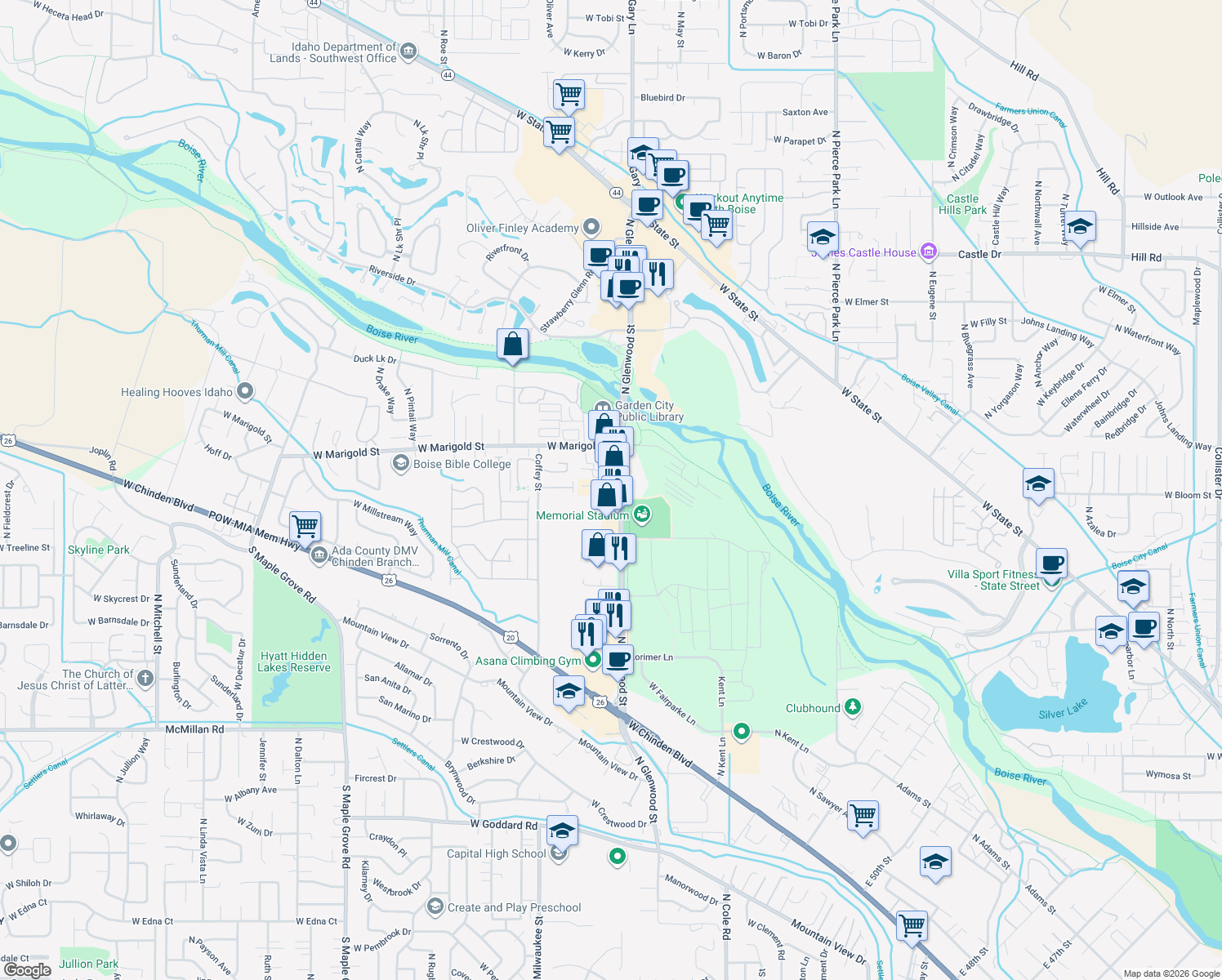 map of restaurants, bars, coffee shops, grocery stores, and more near 5825 North Glenwood Street in Garden City