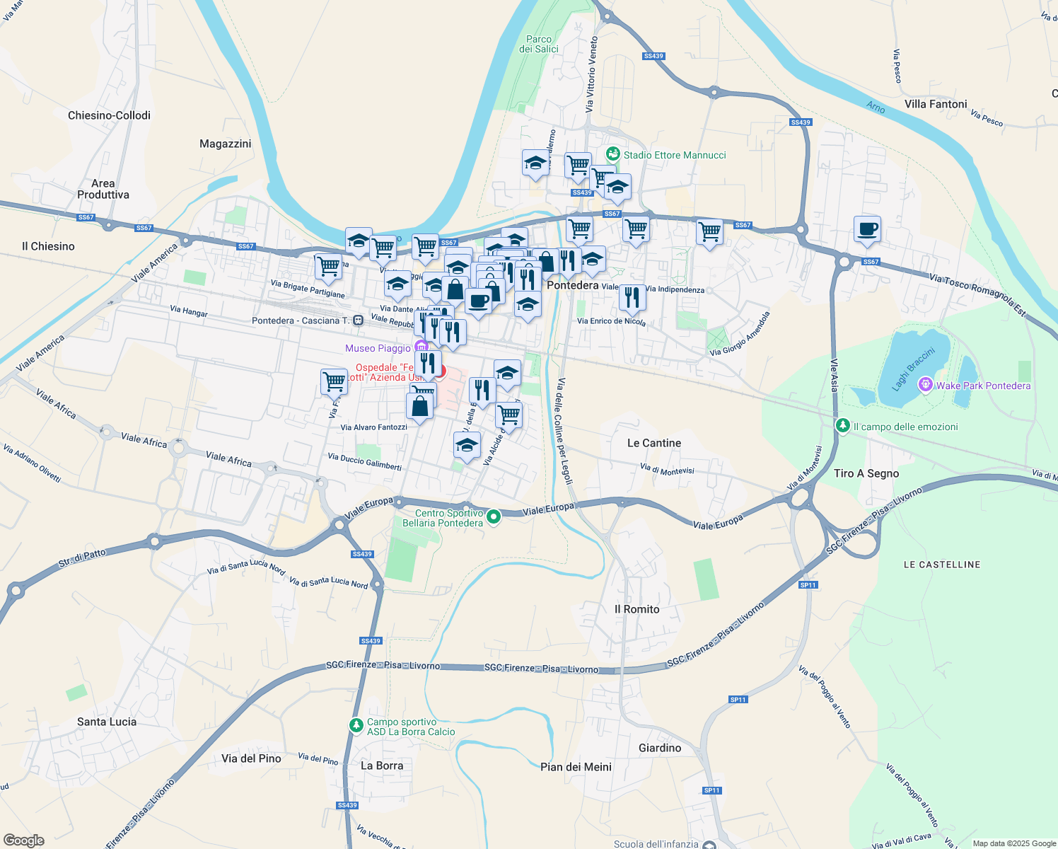 map of restaurants, bars, coffee shops, grocery stores, and more near 35 Via Palmiro Togliatti in Pontedera