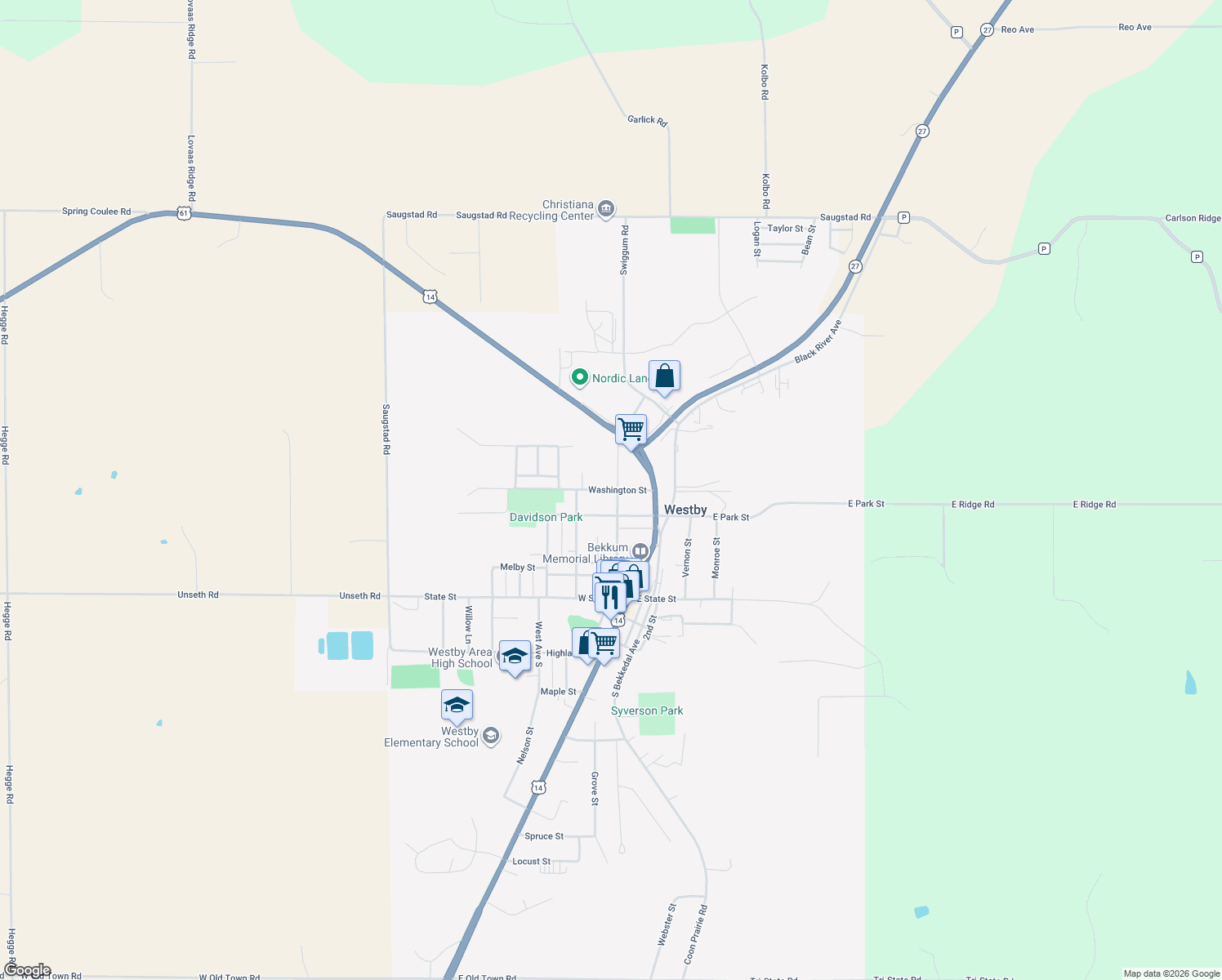map of restaurants, bars, coffee shops, grocery stores, and more near 215 Washington St in Westby
