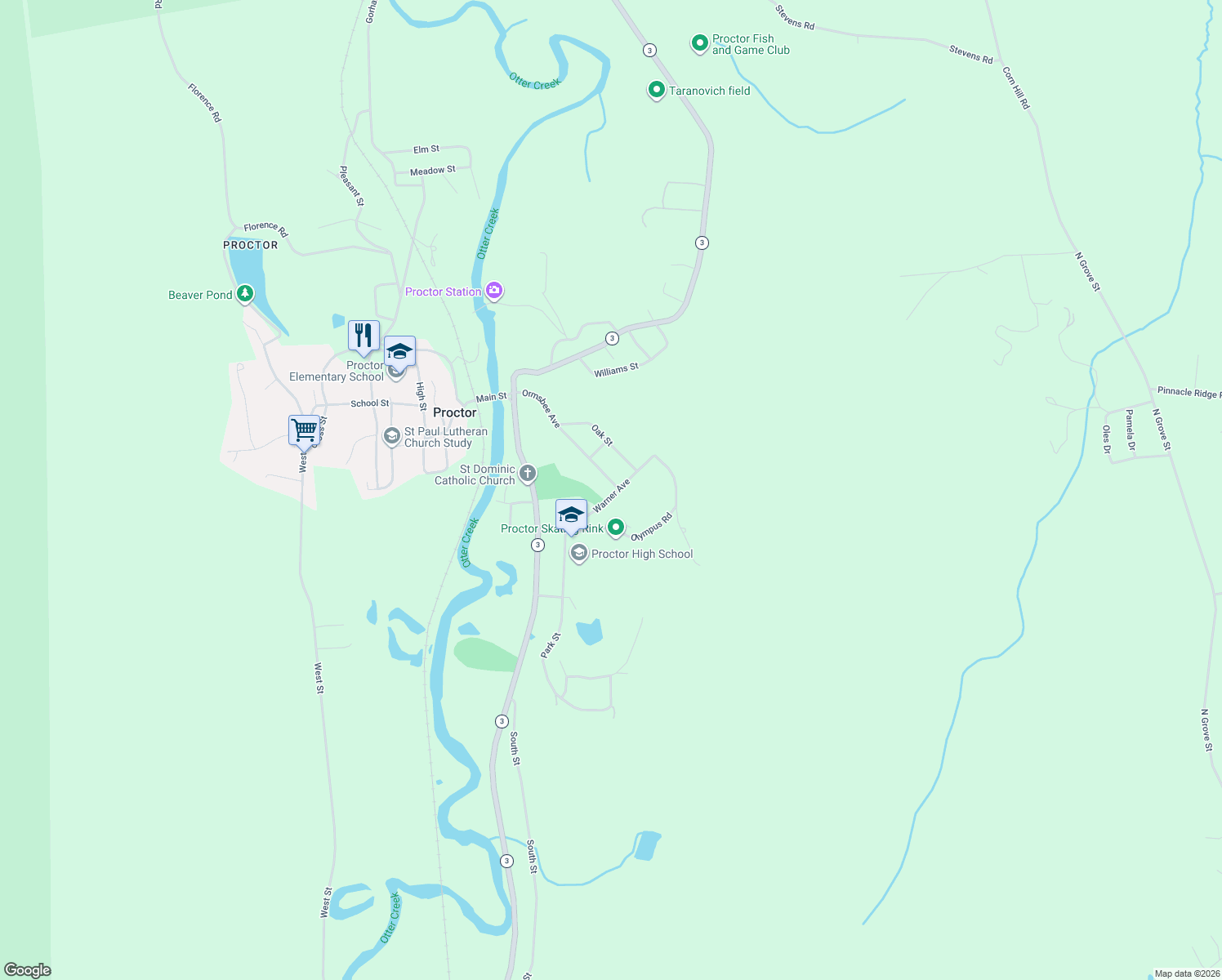map of restaurants, bars, coffee shops, grocery stores, and more near 73 Ormsbee Avenue in Proctor