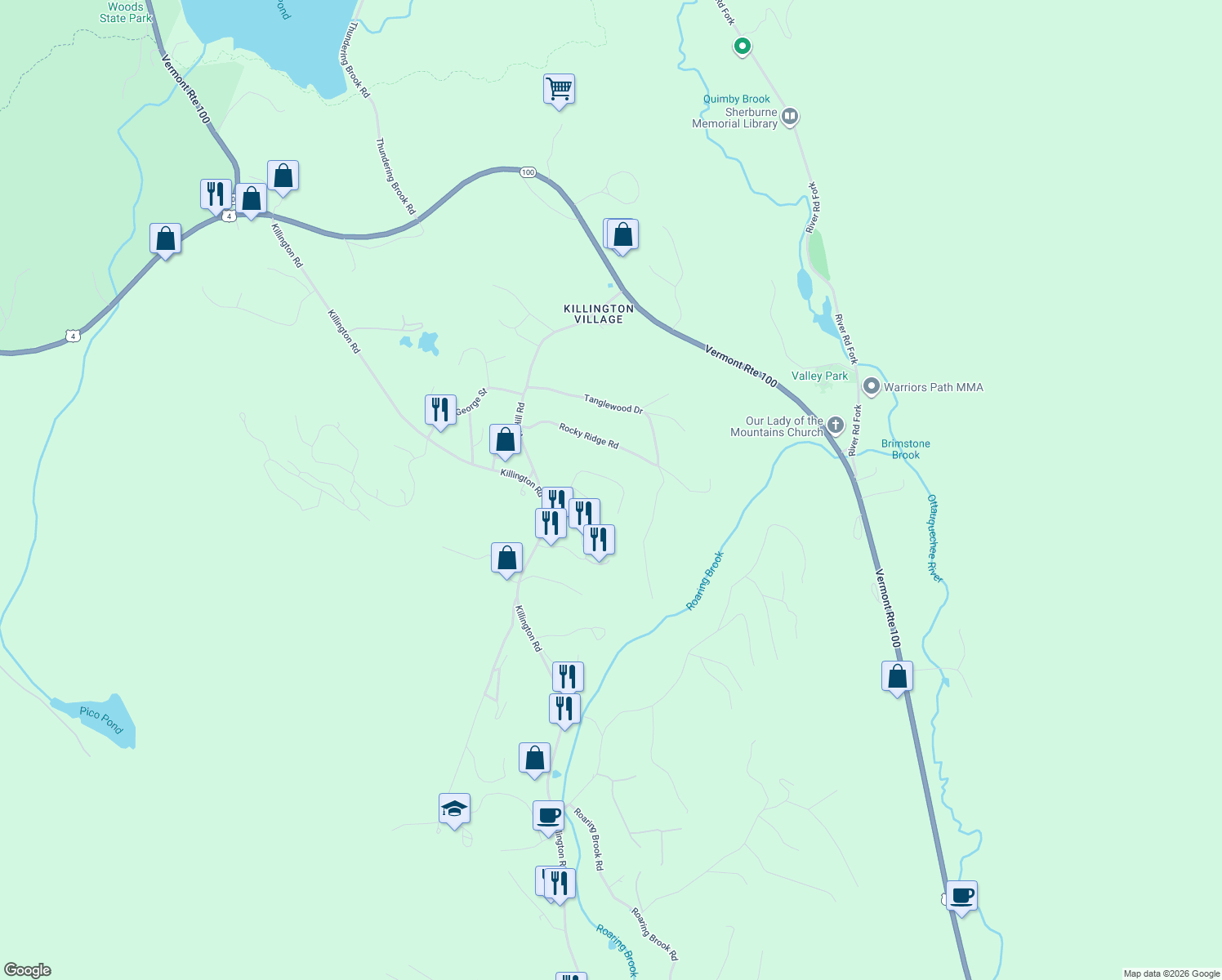 map of restaurants, bars, coffee shops, grocery stores, and more near 194 Weathervane Drive in Killington